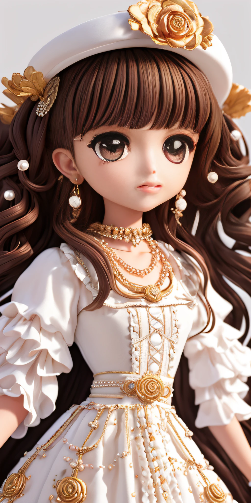 chibi, Beautiful girl, Miss Chanel coco, Big eyes, exquisite facial features, Brown hair with curly hair, White embroidered rose patterned dress, White hat, trendy clothing, Wear pearl earrings, Pearl Necklace, in the style of unique character design, zbrush, cute cartoonish designs, baroque-inspired figurative works, cartoonish character design, cartoon realism, realistic yet stylized, light silver and dark black, clean background, movie lighting, Epic light and shadow, Strong contrast between light and shade, pop mart, Fashion toys, Blind box, 3D art, OC rendering, IP, behance, Close-up, best quality --niji 5 --style expressive --s 400