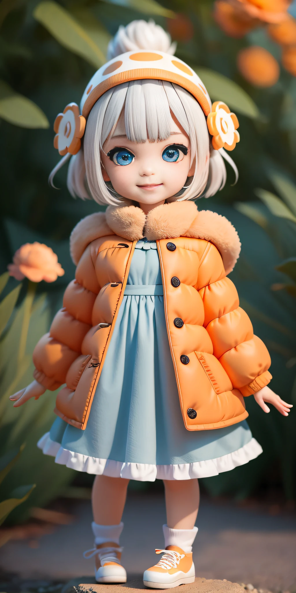 (Daisaku), (Extreme), (Ultra Detailed), (Prime: 1.9), 1girl, Sunshine, Cute, Orange, (Big Head: 1.8), Doll, Smile, Open Mouth, Urban, Fashion, Coat, Blush, Tree, Shirt, Short Hair, Orange, White Headdress, Blurry, Long Sleeves, Bangs, White Hair, (Beautiful and Delicate Face), (Beautiful and Delicate Eyes),