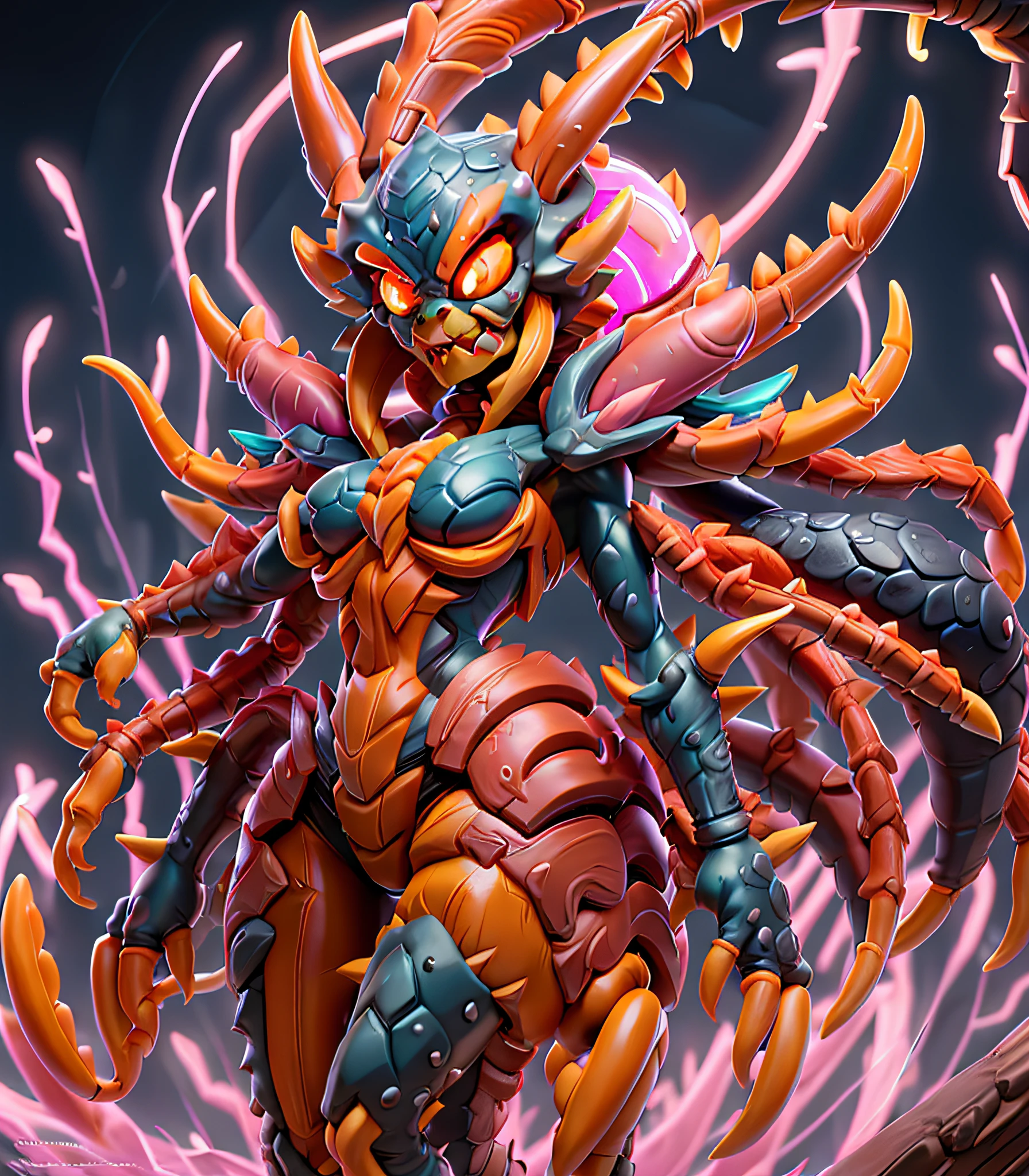 crab, (monster girl), ebony black skin, glowing pink eyes, brown horseshoe crab shell, orange claws, orange face claws, masterpiece, best quality