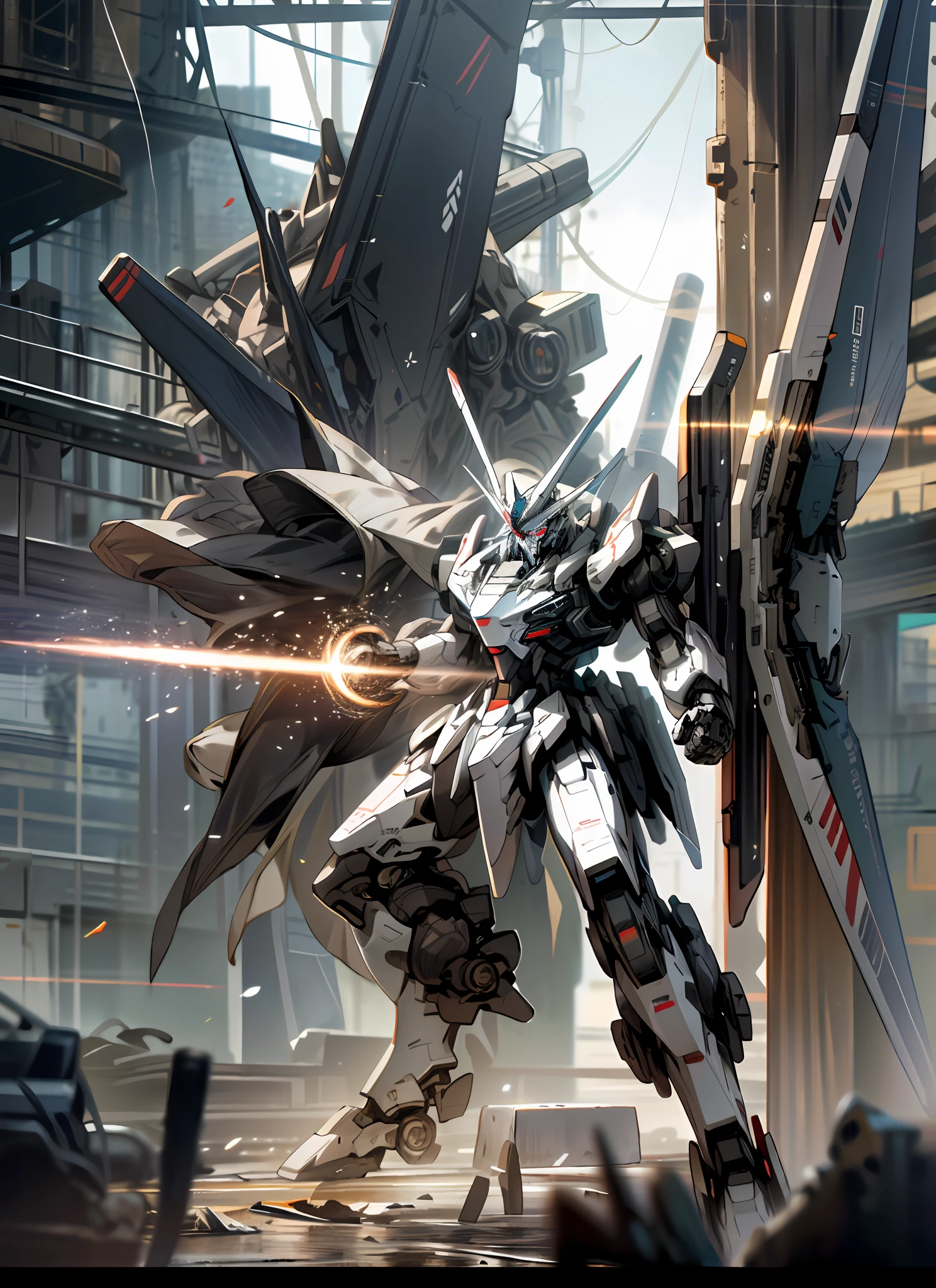 Surrealism, ray tracing, UHD, high details, 8k, best quality, textured skin, black Gundam mech, masterpiece, best quality, black mech, unmanned, (full body), (black mech: 1.5), (axisymmetry: 1.4), (HDR), (movie light: 1.1), black eyes, cool, science fiction, fire, laser cannon beam, war, conflict, The destroyed city background is armed with a weapon, (holding a huge weapon: 1.5), holding an oversized shield