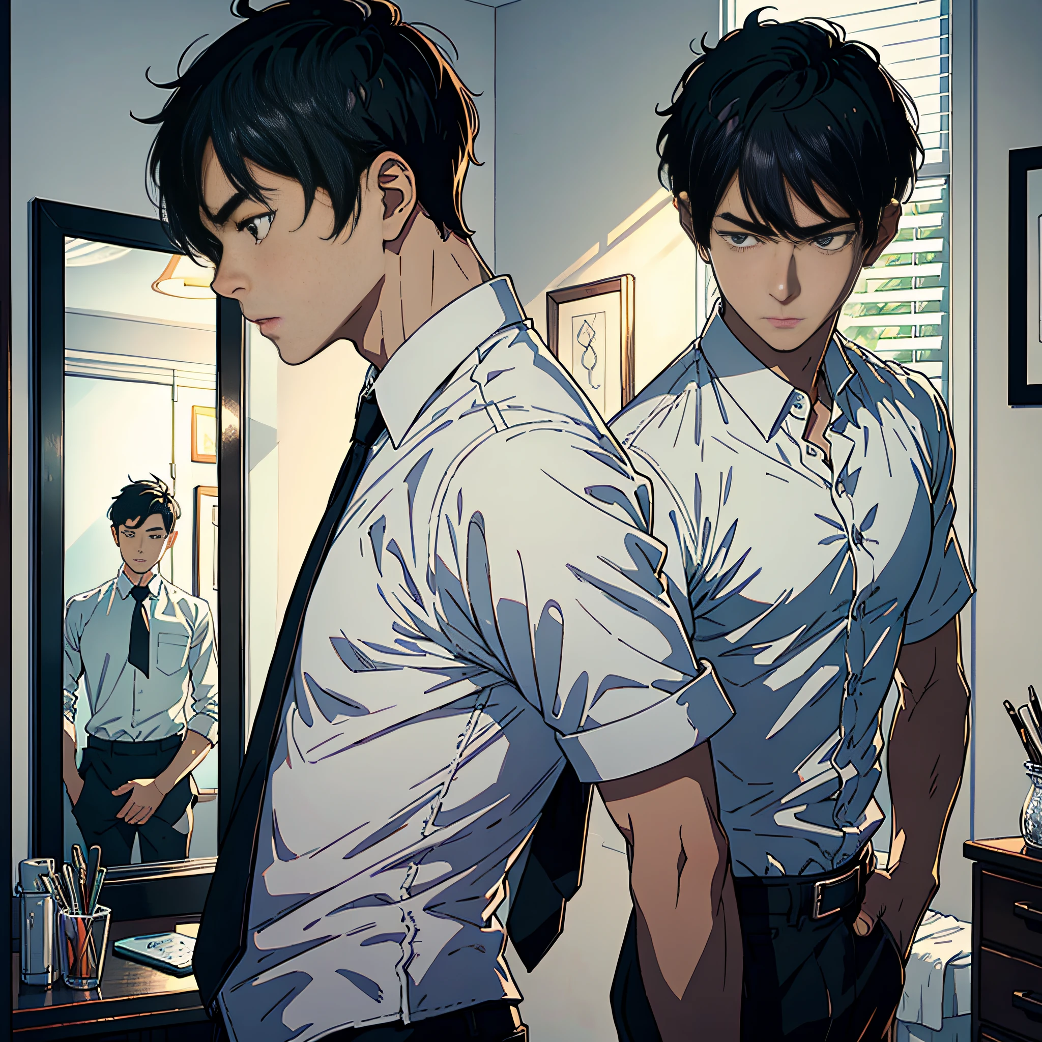 Best quality, the finest drawing, 1 man standing, white shirt, short black hair, black eyes, handsome, phone close to ear, mouth open, anxious expression, room bedroom in the background