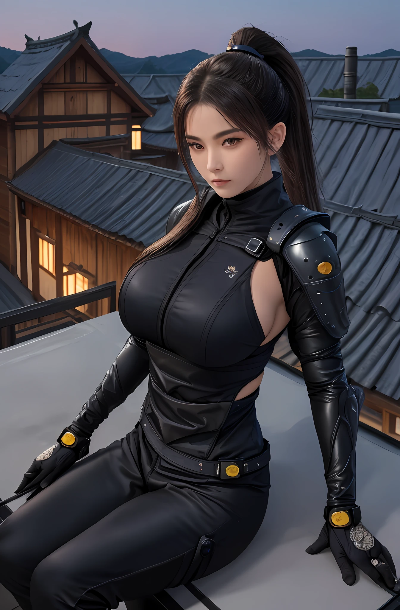 (16k, masterpiece, best quality), ultra-detailed, detailed beautiful round eyes, beautifully detailed face, high quality, high resolution, female ninja sitting on the roof, ninja suit, ninja, village background, nighttime, massive breast, perfect boobs, mature women, ponytail, low ISO, looking into the distance