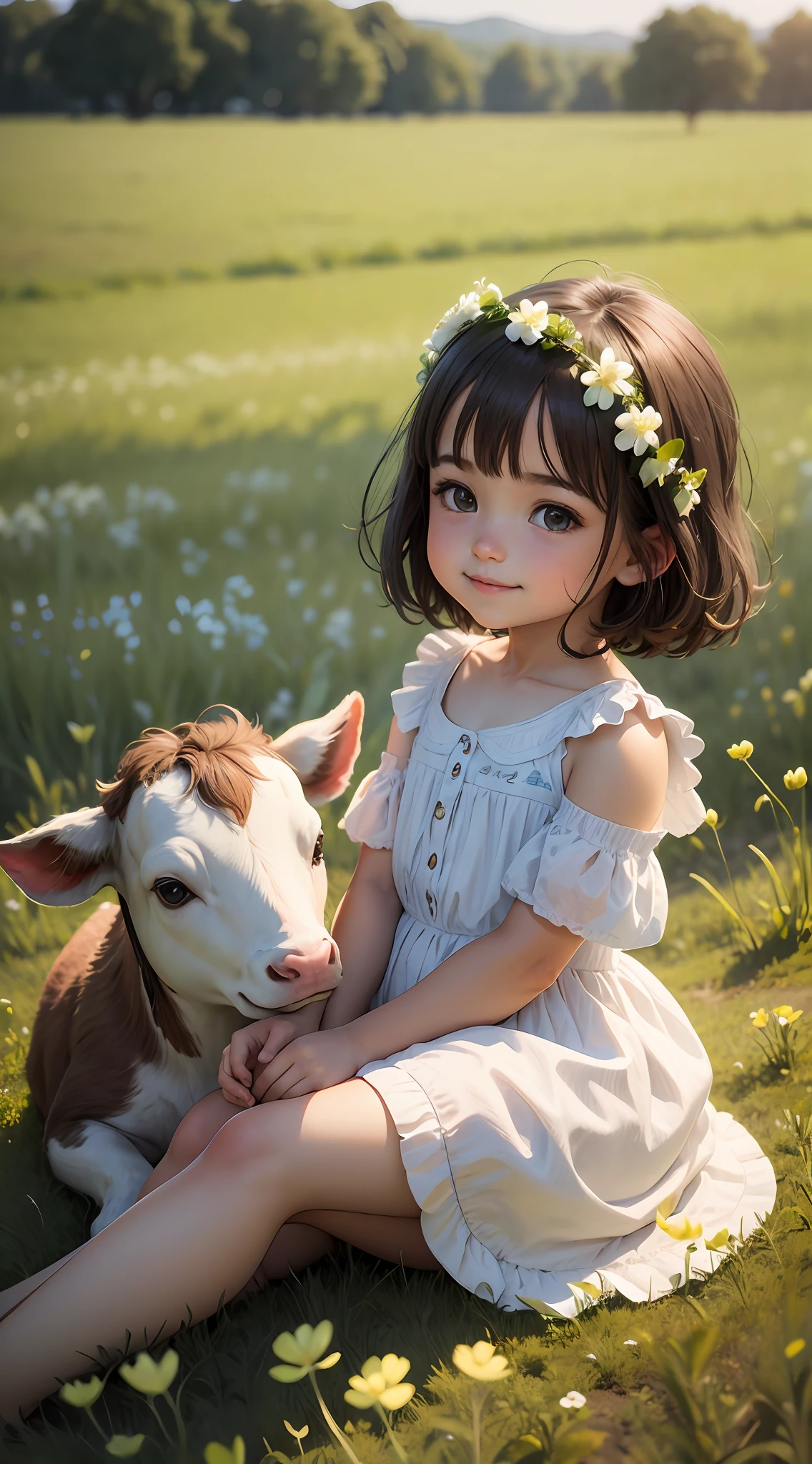 A cute , smiling, head down, sitting on grass, holding calf feeding grass, whole body, green meadow, clover, small flowers, pasture, herd, brown hair, bangs, short hair, head garland, clean background, atmospheric perspective, panorama, perspective, canon, bokeh, depth of field, high detail, pixar, flash, god ray, high detail, high resolution, textured skin, 4K