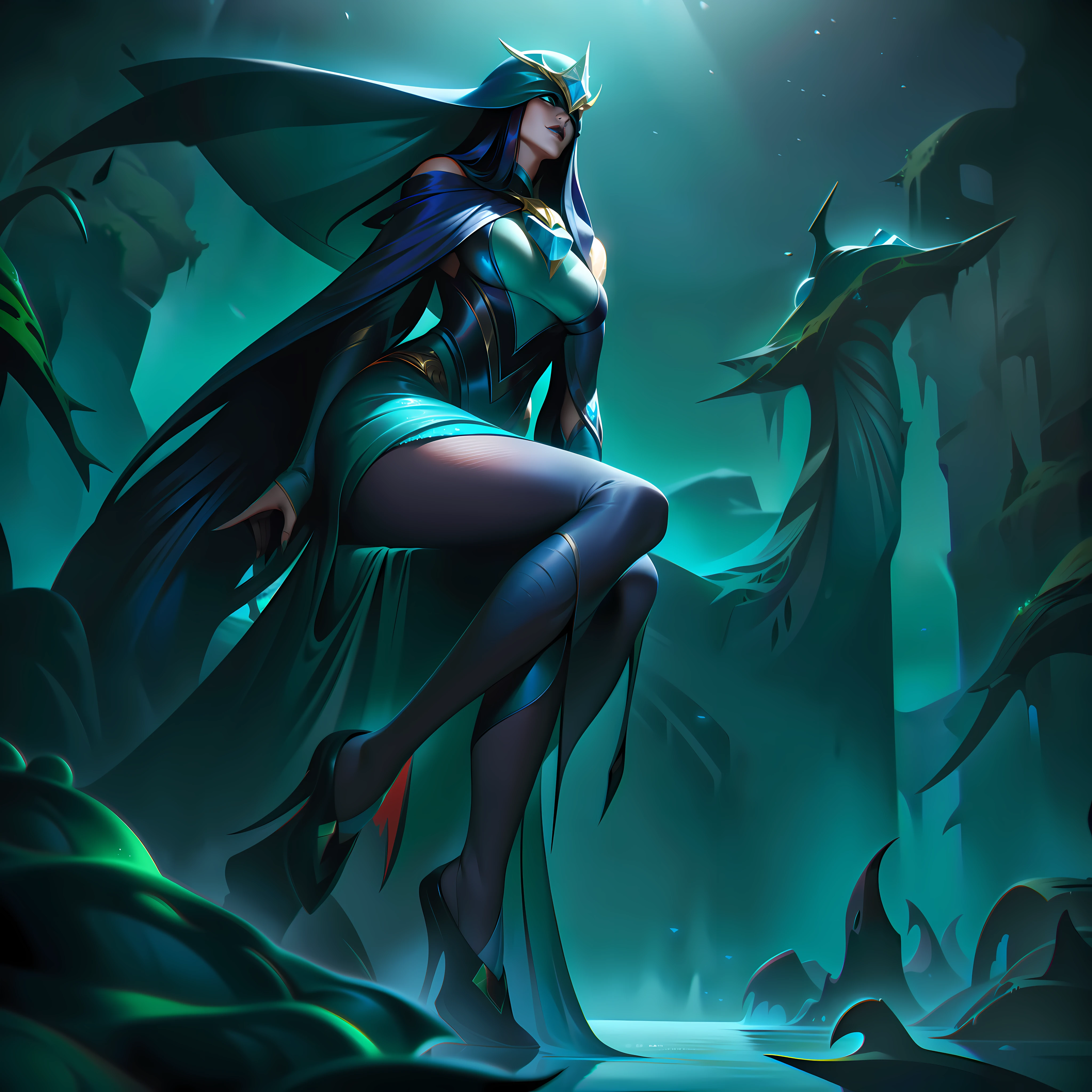 Lissandra from League of Legends, a tall woman who is sitting on the edge of a nautical abyss, with a dark water and marine environment underneath, dark setting with the moonlight on her face, wearing a dress made of dark algae and shiny, shiny dead corals, with a veil burrowed in her eyes of black and moss-green color, splashart, body lines, vibrant colors, exquisite details, cinematic, artstation, detailed face, by rossdraws, by Kienan Lafferty