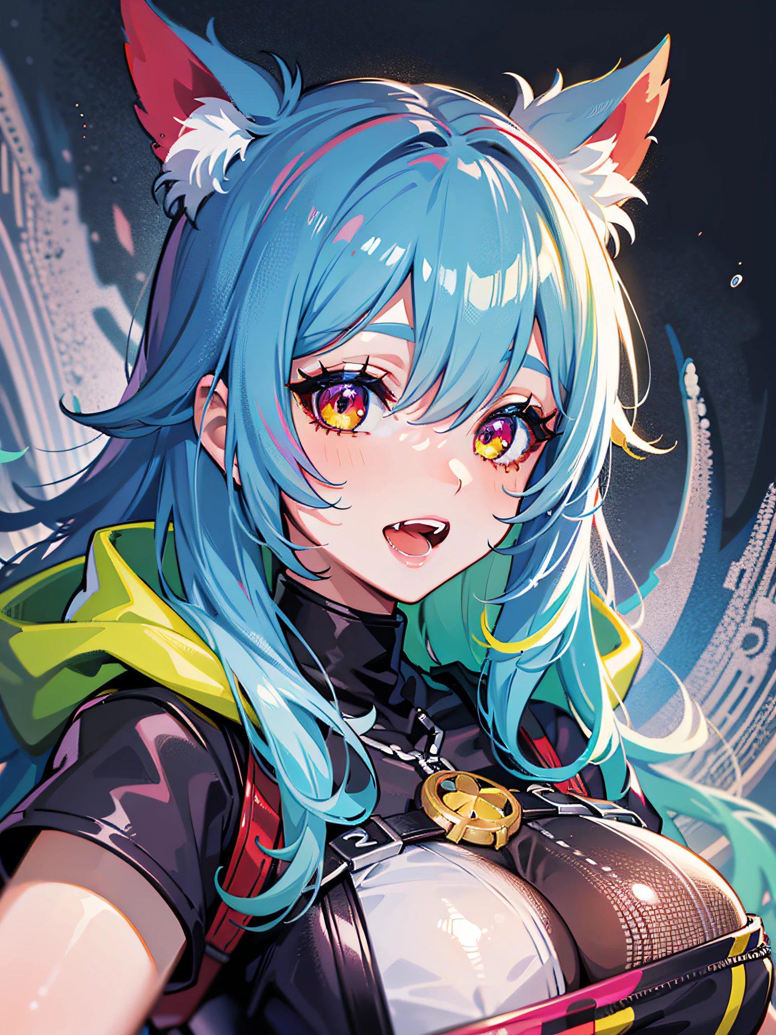 masterpiece, high quality, high resolution, absurd, super detailed, detailed eyes, 8k, ti-emb_kobo-kanaeru, 1girl, colorful eyes, fangs, open mouth, bangs, colorful background, looking at the viewer, vibrant, contrast, blue hair, red hair, gradient hair, happy, graffiti wall background, water splash, close up, red right eyes, yellow left eyes, big breasts, colorful coat