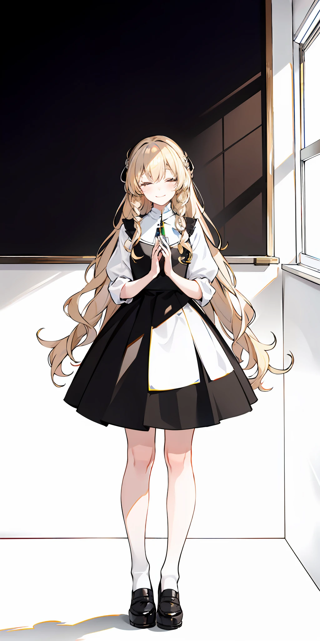Color, (Masterpiece: 1.4), (Best Quality: 1.4), 8K, HD, Ultra HD, 1 Girl, (Big: 1.4), Long Blonde Hair,Small White Clothing, Short Black Skirt, White Socks, Desk, Reading, Holding a Pen, Curly, Blushing, (Smiling Happily), (Covering Hands, Covering Eyes)), Classroom, Blackboard