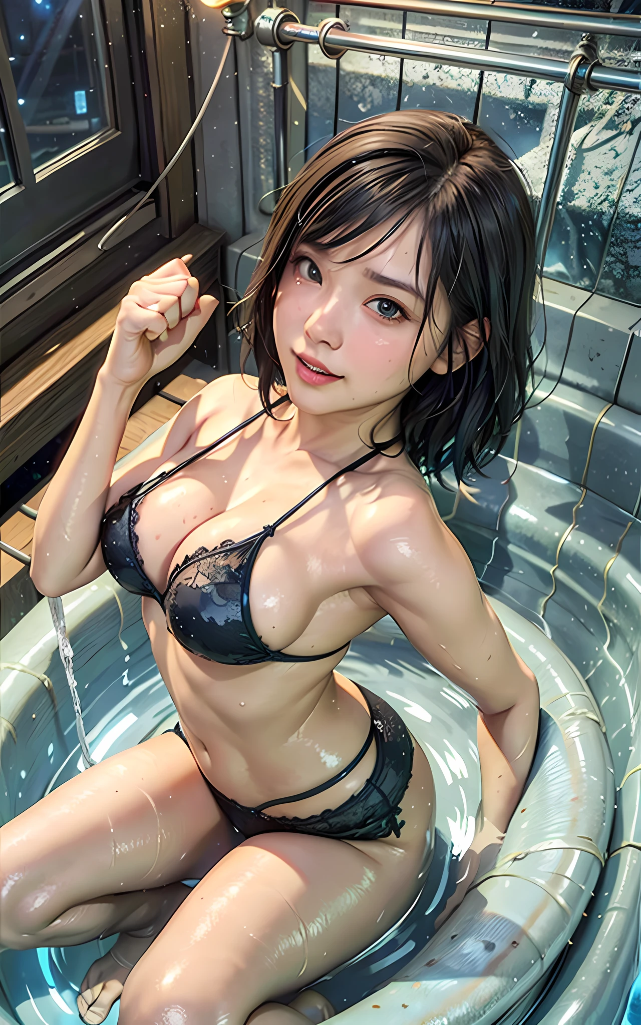 perfect lighting, (fisheye vision: 1.2), photo with fisheye lens, lying in water, (open legs: 1.2), detailed hands, five fingers, (black hair, short hair, hair, bangs: 1), night, night)), cinematic lighting, (side view), dynamic pose, moving, shiny skin, black bikini tied, perfect skin, blush, female, portrait, smile, :D, in the bath, TOTO, Japanese bathtub, breasts, bathroom, waist and hips underwater, neckline, (boobs floating in water), Crotch in water, neon lights, (light blue water), (candlelight, smoke, hot water spray, steam, (neon:1.1)), bright, big eyes seductive