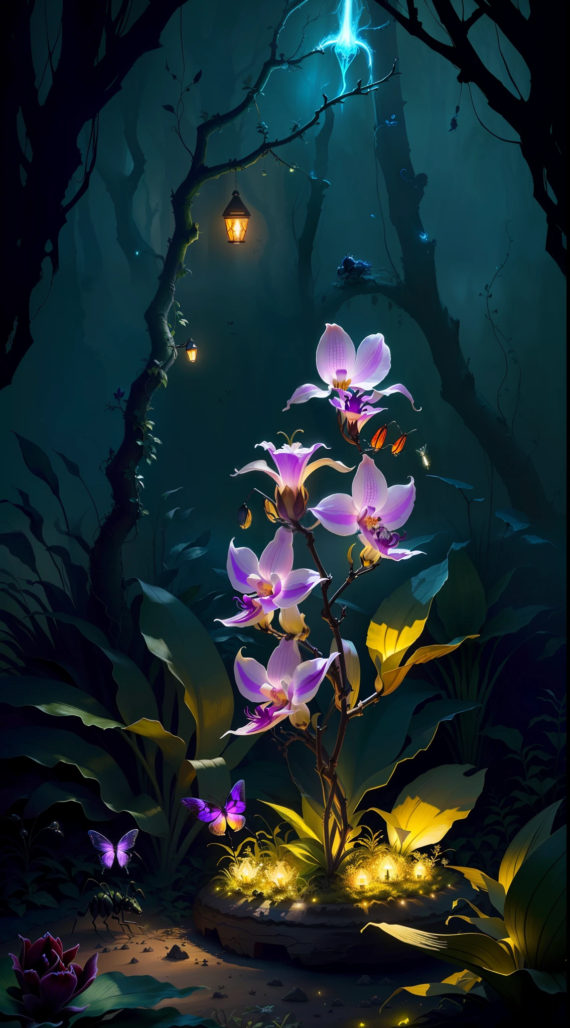 an exorcist style ant hill with beautiful orchids around and fireflies, it is surrounded by strange power,there are also some treasures around, with some magical visual effects, fantasy, ambiance hd, HDR, 4k upscalen v--4.