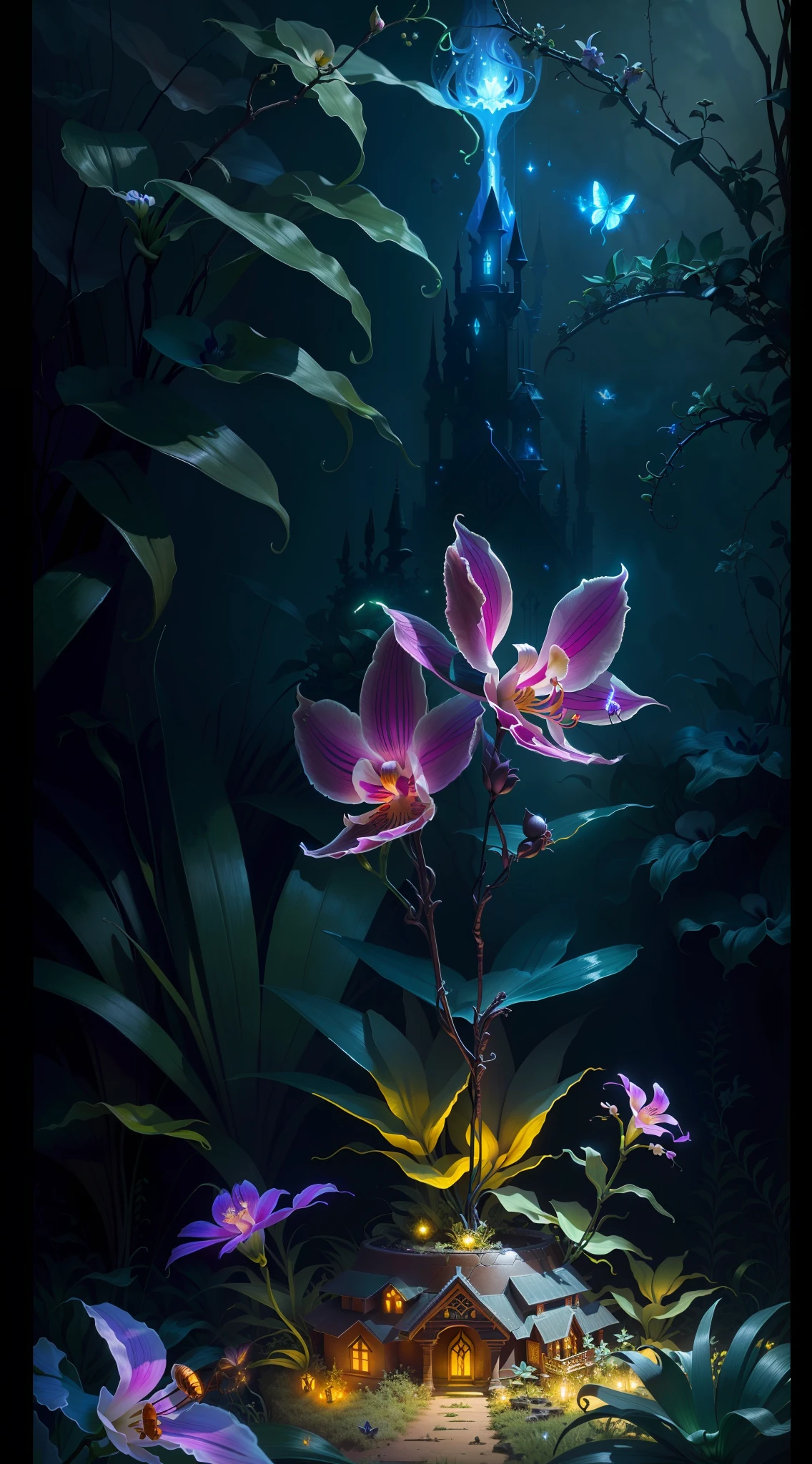an exorcist style ant hill with beautiful orchids around and fireflies, it is surrounded by strange power,there are also some treasures around, with some magical visual effects, fantasy, ambiance hd, HDR, 4k upscalen v--4.