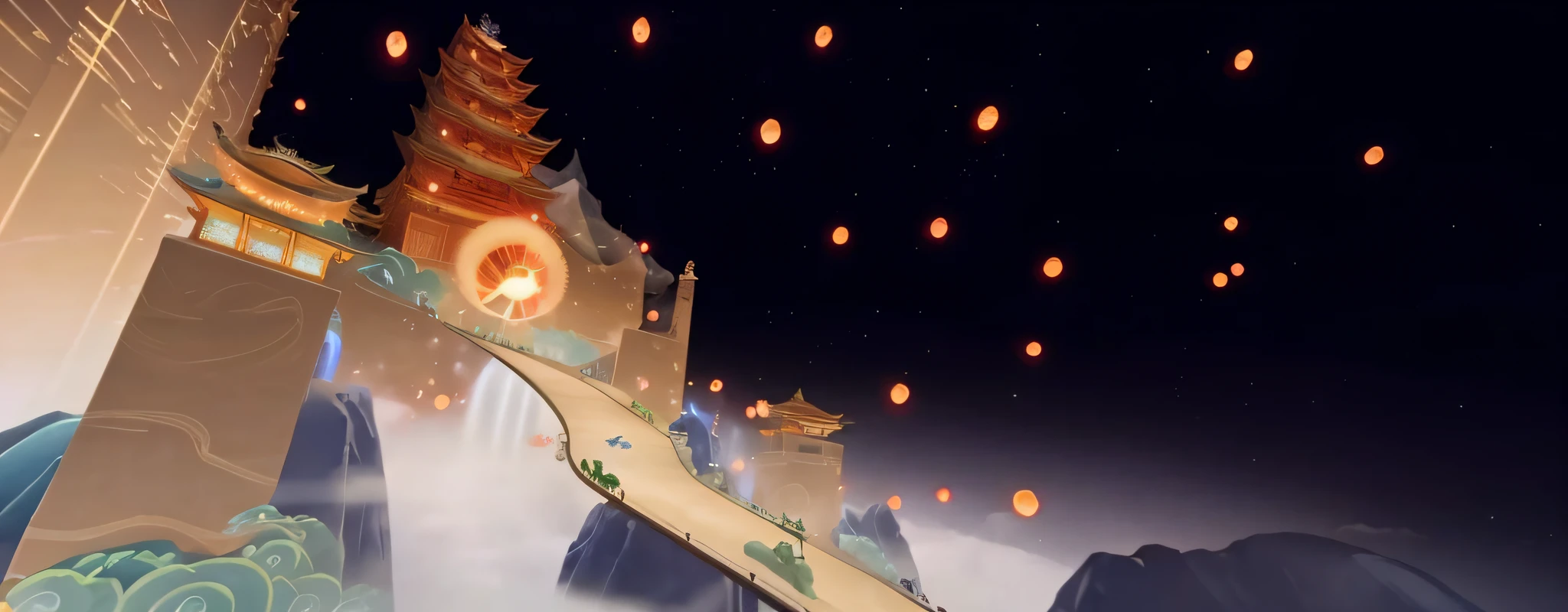 There are many lanterns flying in the sky above the building, Dunhuang style, fairy style, super wide picture, game stills, video game Genshin Impact, game screen, high quality, 4K