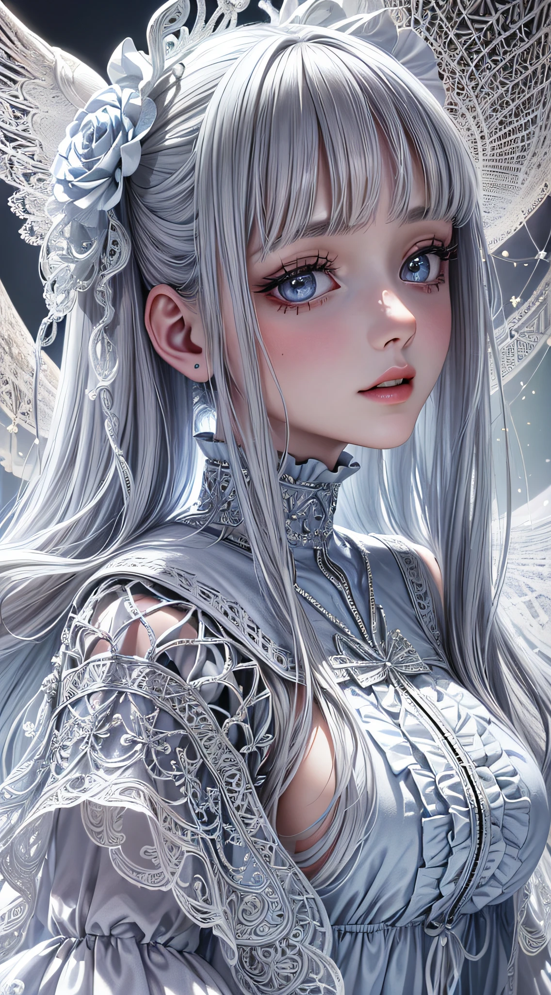 1girl, slender, masterpiece, best quality, absurdres, silver hair, white angel wings, (white lace frills dress, geometric arabesque patterns, abstract zentangle background:1.4), wide angle, dynamic lighting, dramatic lighting, photorealistic, highres, detailed face and eyes, sharp pupils, realistic pupils, cyan edge lines, bloom, glow, sharp focus, (highest detailed, extreme detailed, ultra detailed, finely detail:1.5), --s2