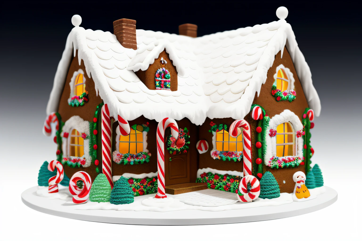 delightful diorama showcases a meticulously crafted gingerbread house, adorned with colorful candy accents and set against a pristine white background, every intricate detail of the gingerbread structure, from the frosted windows to the candy cane pillars, best quality, high quality, highres, detail enhancement, 8k, hdr, sharp focus, ultra detailed, perfect lighting
