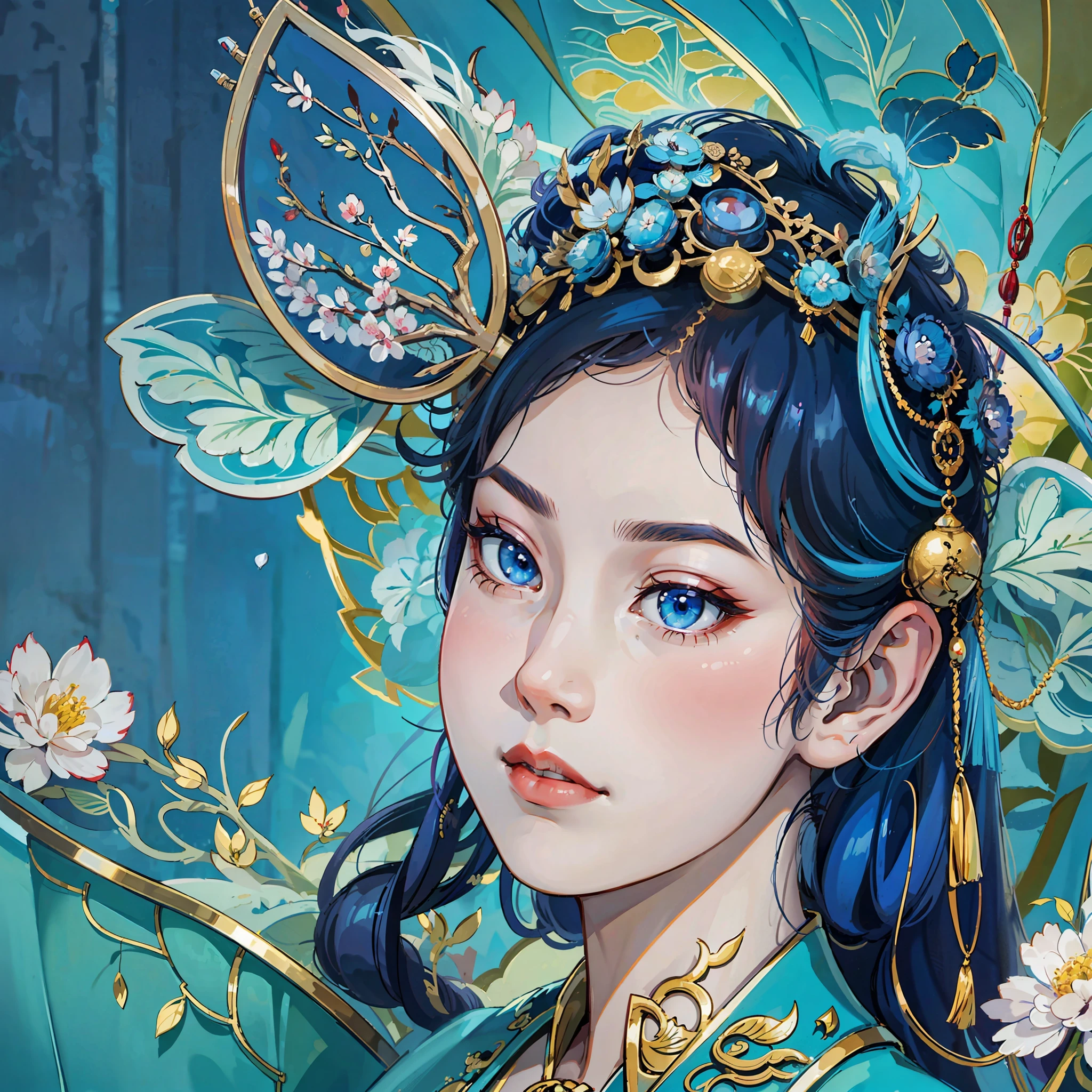 Chinese fairy style, blue hair, jitome, Chinese classic beauty, elegant, depth of field, f/4.0, Wide-Angle, Ultra-Wide Angle, multiple views, UHD, super detail, best quality, highres, 16k --auto --s2