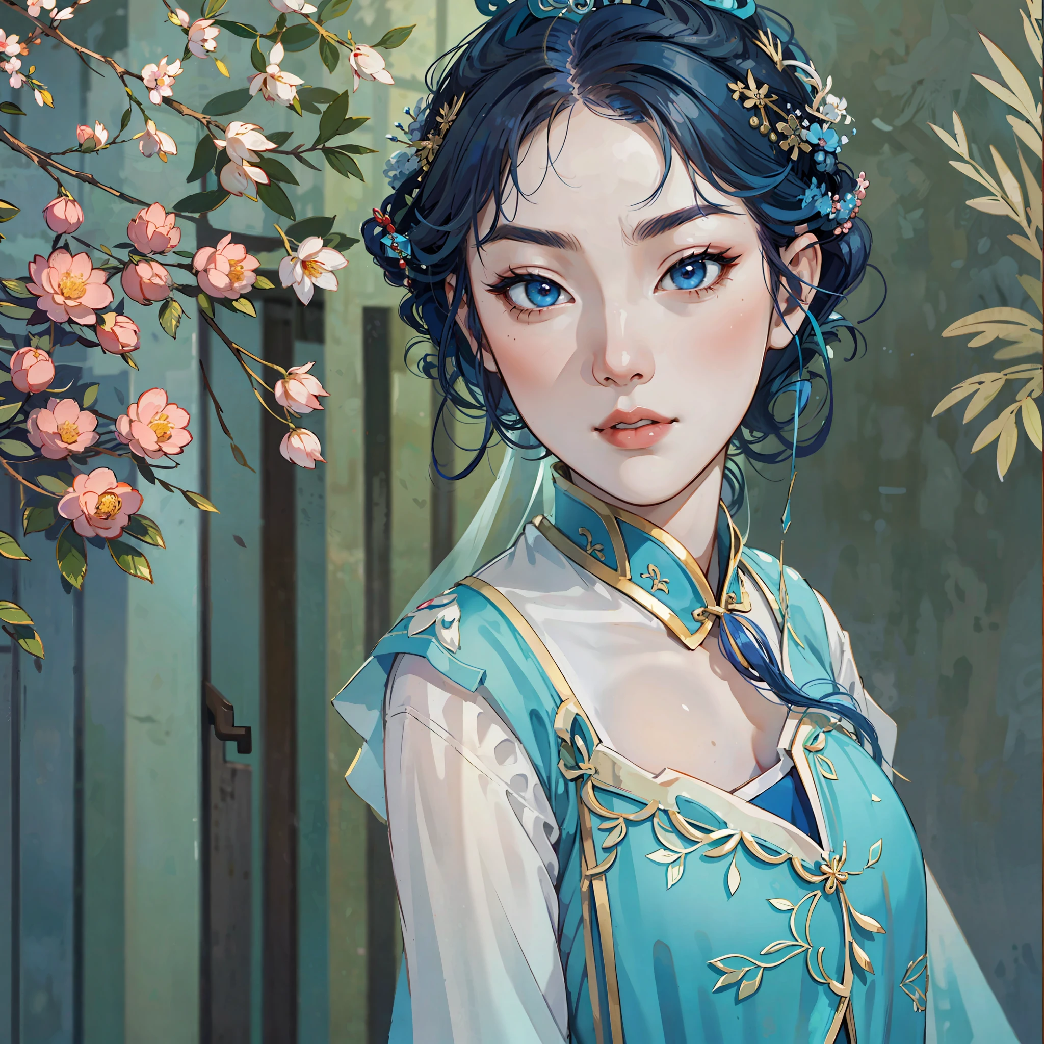 Chinese fairy style, blue hair, jitome, Chinese classic beauty, elegant, depth of field, f/4.0, Wide-Angle, Ultra-Wide Angle, multiple views, UHD, super detail, best quality, highres, 16k --auto --s2