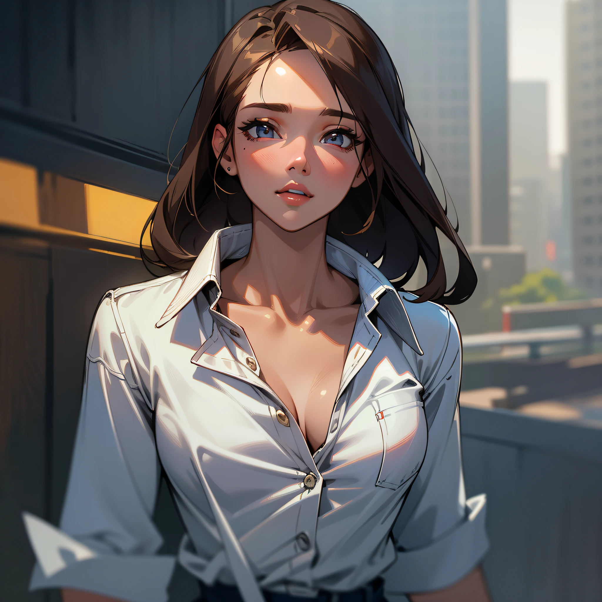((Best Quality, 8K, Masterpiece: 1.3)), Sharp Focus: 1.2, A Beautiful Woman with Perfect Figure: 1.4, Slender Abs: 1.2, (Dark Brown Hair, Small Tits: 1.4)), (Wearing a White Button-Down Shirt, Denim: 1.1), City Street: 1.2, Highly Detailed Face and Skin Texture, Detailed Eyes, Double Eyelids, (Jessica Alba: 1.4),