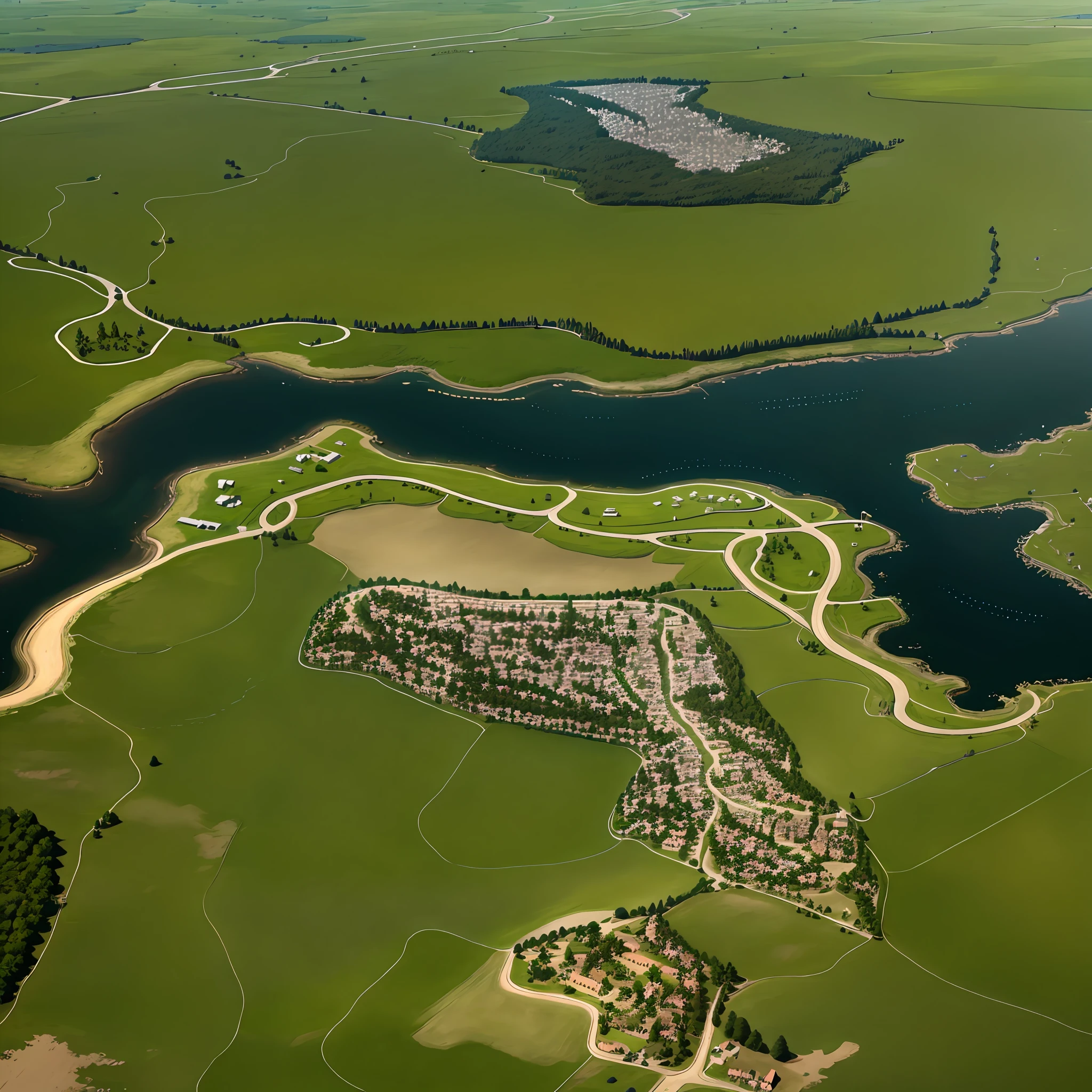 araffes in a field with a river and a forest, steam workshop maps, no trees, hyper detailed, zoom out very far, game map, grassy plains, coastline, highly detailed terrain, an expansive grassy plain, entire city visible, detailed scenery — Width 672, highly detailed maps, simple fantasy maps, r/battlemaps, detailed terrain, rock walls of river channels