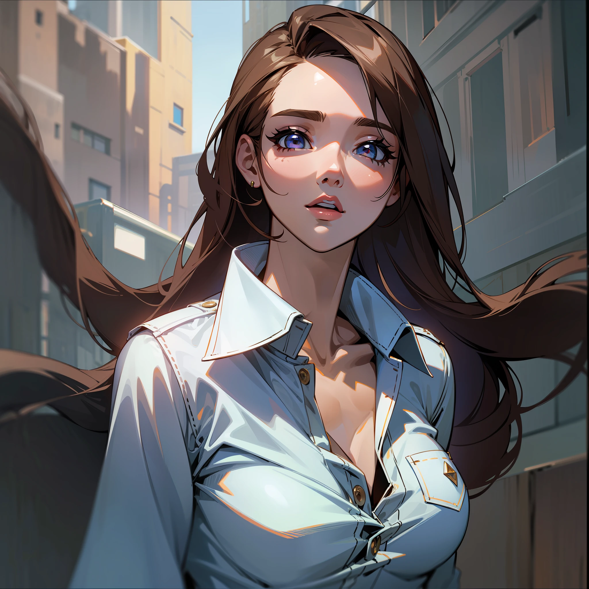 ((Best Quality, 8K, Masterpiece: 1.3)), Sharp Focus: 1.2, A Beautiful Woman with Perfect Figure: 1.4, Slender Abs: 1.2, (Dark Brown Hair, Small Tits: 1.4)), (Wearing a White Button-Down Shirt, Denim: 1.1), City Street: 1.2, Highly Detailed Face and Skin Texture, Detailed Eyes, Double Eyelids, (Jessica Alba: 1.4),