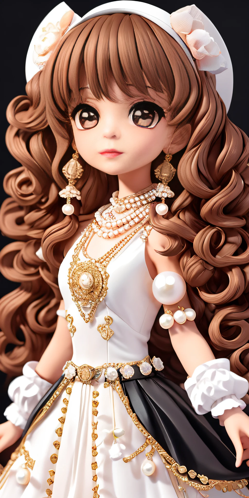 chibi, Beautiful girl, Miss Chanel coco, Big eyes, exquisite facial features, Brown hair with curly hair, White embroidered rose patterned dress, White hat, trendy clothing, Wear pearl earrings, Pearl Necklace, in the style of unique character design, zbrush, cute cartoonish designs, baroque-inspired figurative works, cartoonish character design, cartoon realism, realistic yet stylized, light silver and dark black, clean background, movie lighting, Epic light and shadow, Strong contrast between light and shade, pop mart, Fashion toys, Blind box, 3D art, OC rendering, IP, behance, Close-up, best quality --niji 5 --style expressive --s 400