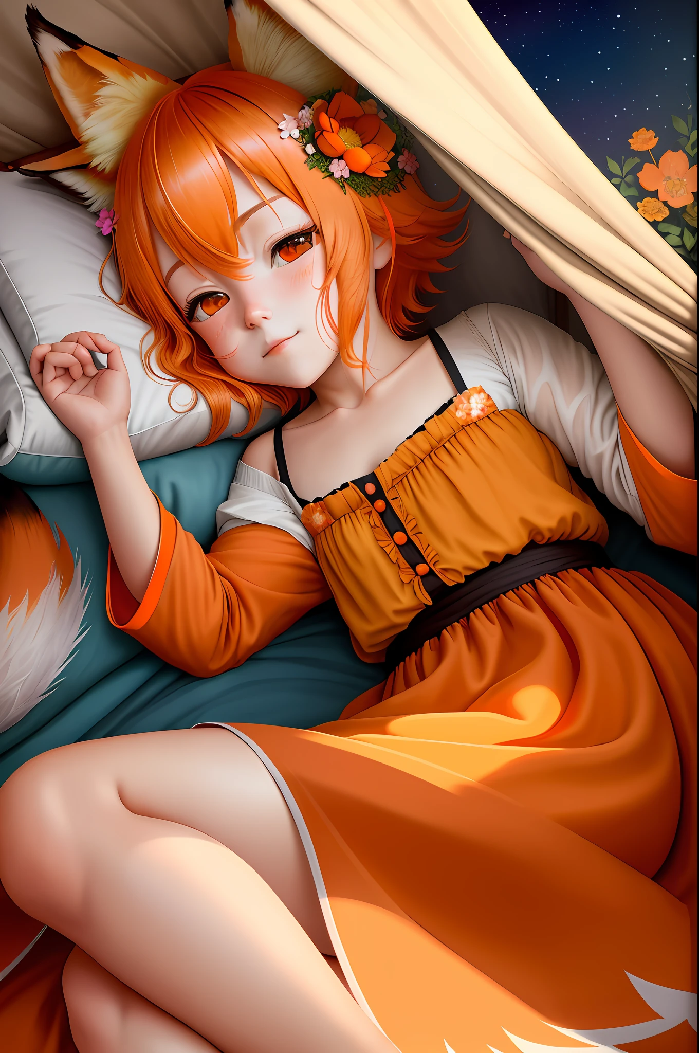 high detail, (photorealistic), realistic, masterpiece, best quality, ((portrait of Senko-san's face The helpful fox )), Senko-sancroptop, detailed face, detailed eyes, (hair flower), (hair ornament), (orange eyes), (orange hair), (short hair), tail, flat chest, sleepwear, miko, sleepy face, cute [pentagram], [lying on the bed], [sleeping with the viewer], [under the blanket], [sleeping clinging],  [Big tail], (Serene night) (Rolled into the blanket) viewer's view: Looking from inside the blanket.