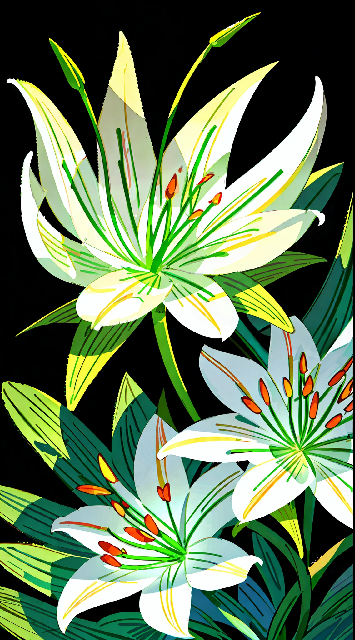 (a flower, a plant, lily), high-precision picture quality display of lilies, lily close-up, high-precision picture quality, beautiful details white background shows a lily picture. White lilies bloom towards us in pictures, capturing every corner of the human eye. The details of the petals are delicate and gorgeous, the exotic ears take on a sense of mystery, and the glowing details make the flowers look even more delicate. Improve the details of the stem and flower of the cosmic lily to make the picture more perfect.