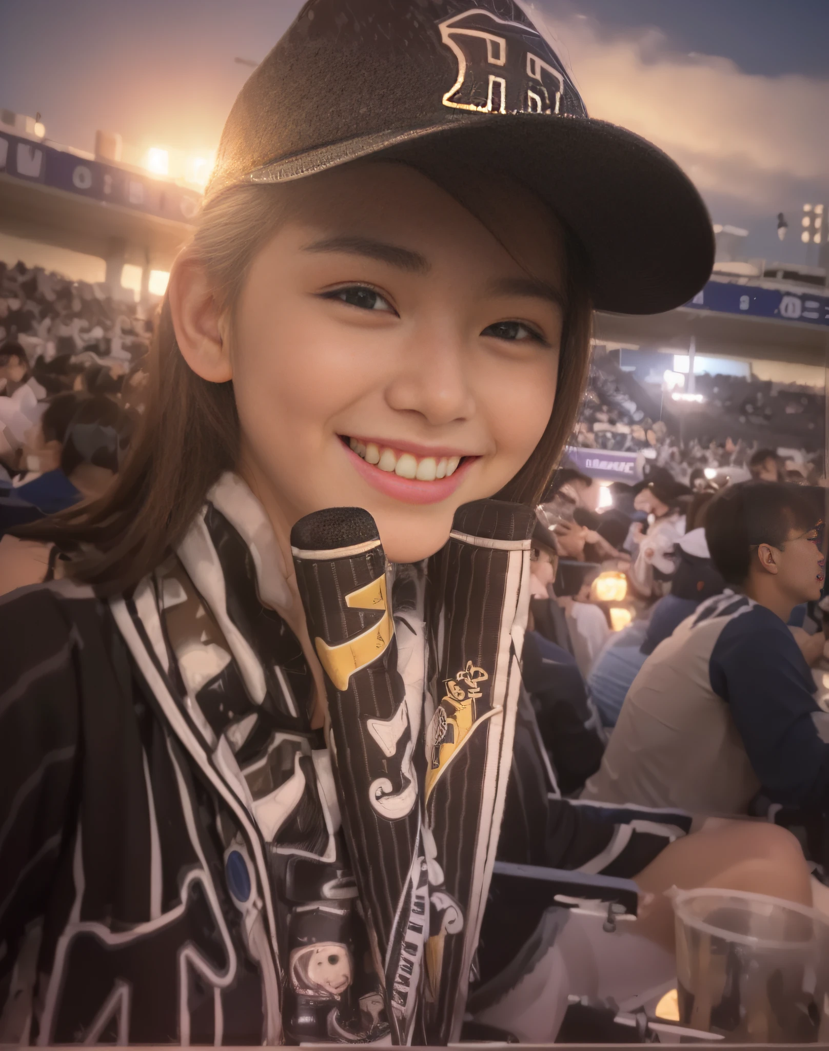 ((Night Scene, Realistic Light, Best Quality, 8K, Masterpiece: 1.3)), 1 Girl, Fascinating, soft lips, Slim Body Beauty: 1.4, (Brown Hair, Middle Breast: 1.3), Off-Shoulder Cut Top: 1.3, Super Detailed Face, Detailed Eyes, Double Eyelids, Hanshin Tigers Cheering, Koshien Stadium Spectator Seats