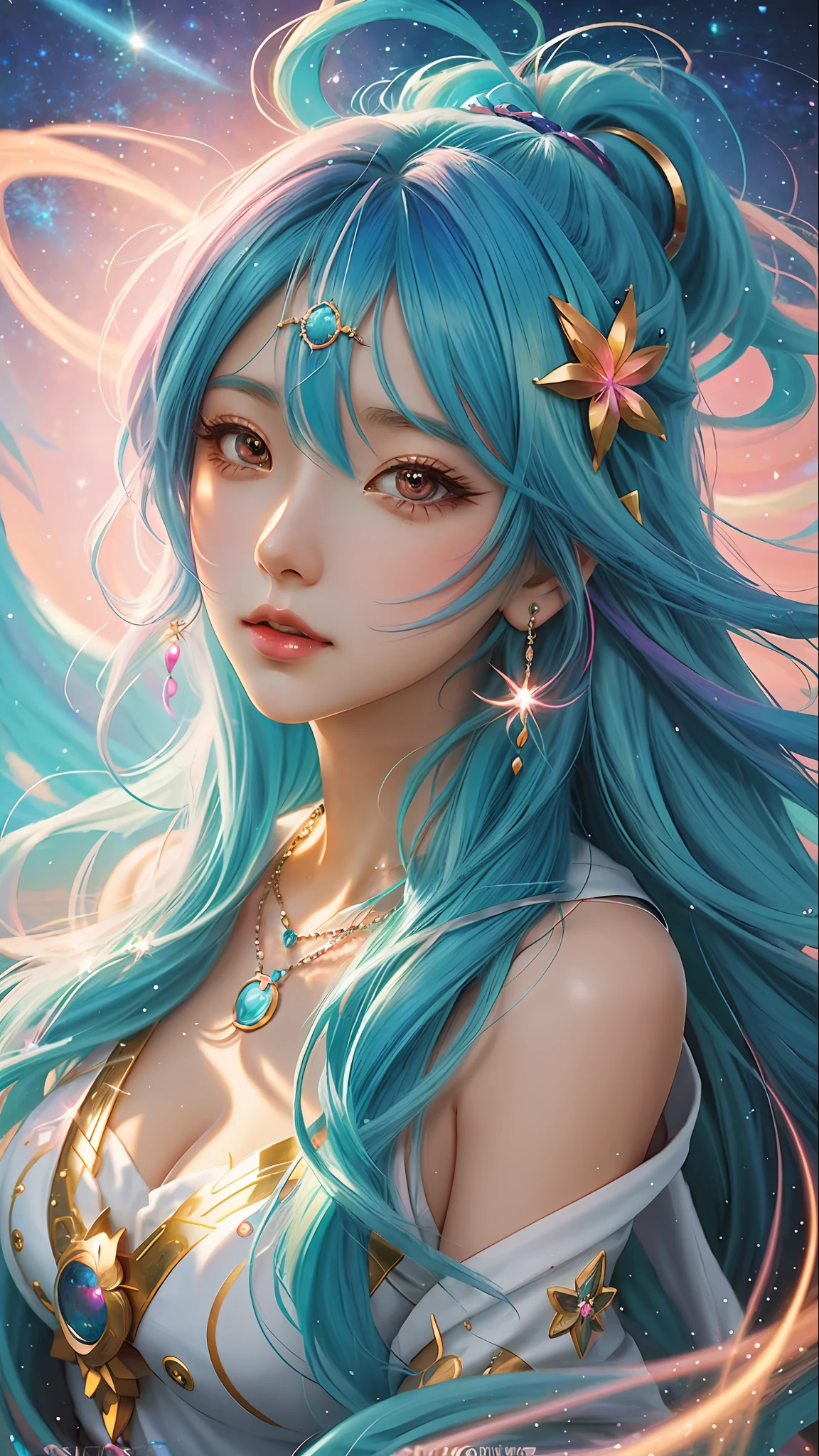 Close-up of a woman with colorful hair and necklace, anime girl with cosmic hair, Rossdraws' soft vitality, Gouviz-style artwork, fantasy art style, colorful]", vibrant fantasy style, Rossdraws cartoon full of vitality, cosmic and colorful, Guweiz, colorful digital fantasy art, stunning art style, beautiful anime style, white skin, happy