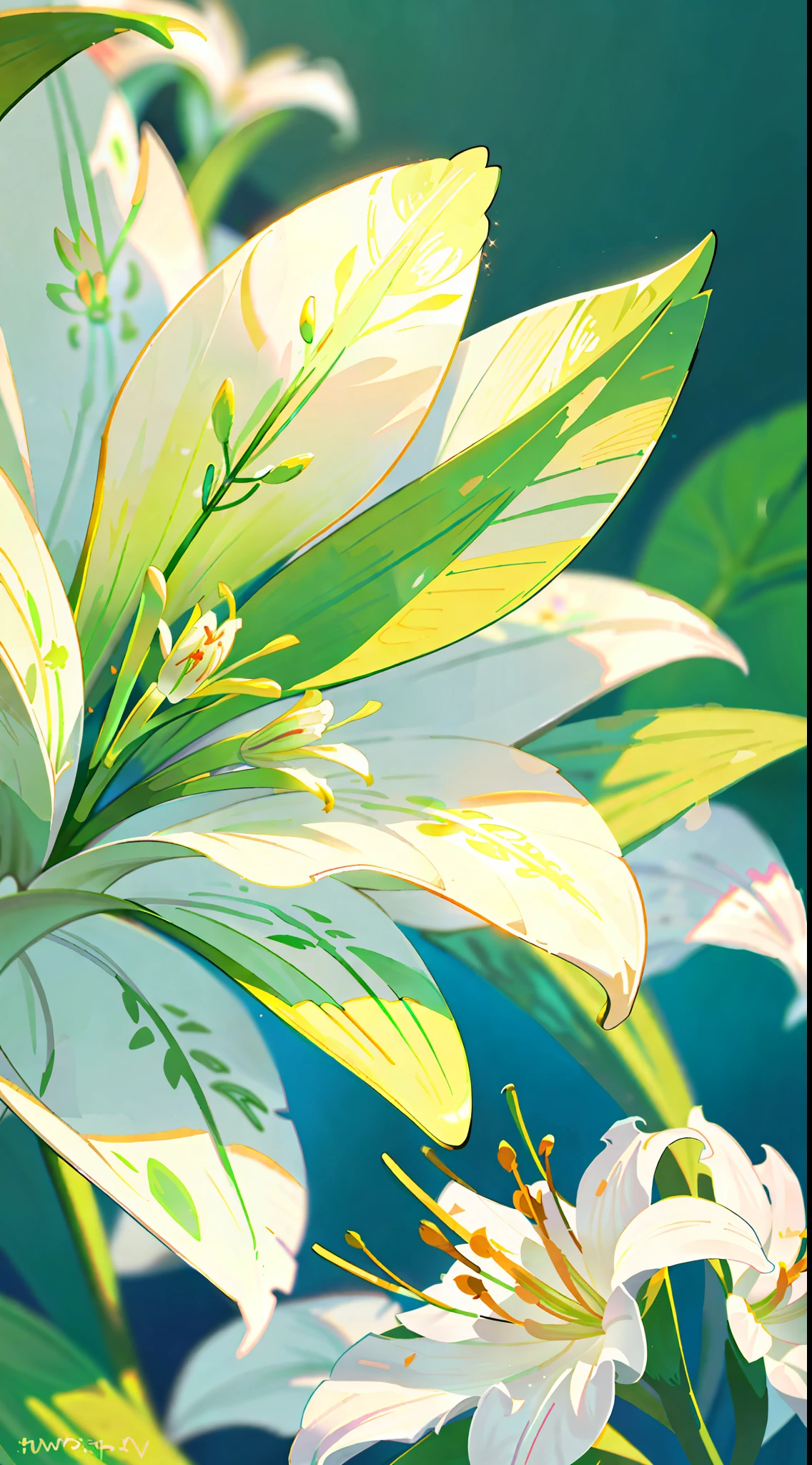 (a flower, a plant, lily), high-precision picture quality display of lilies, lily close-up, high-precision picture quality, beautiful details white background shows a lily picture. White lilies bloom towards us in pictures, capturing every corner of the human eye. The details of the petals are delicate and gorgeous, the exotic ears take on a sense of mystery, and the glowing details make the flowers look even more delicate. Improve the details of the stem and flower of the cosmic lily to make the picture more perfect.