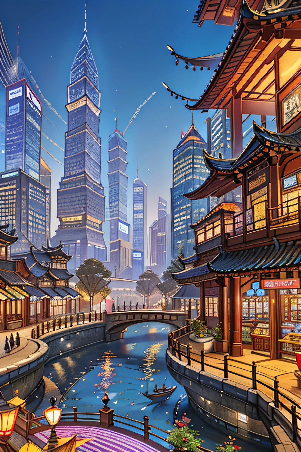Shanghai, parks, playgrounds, fountains, shops, candy buildings, city background