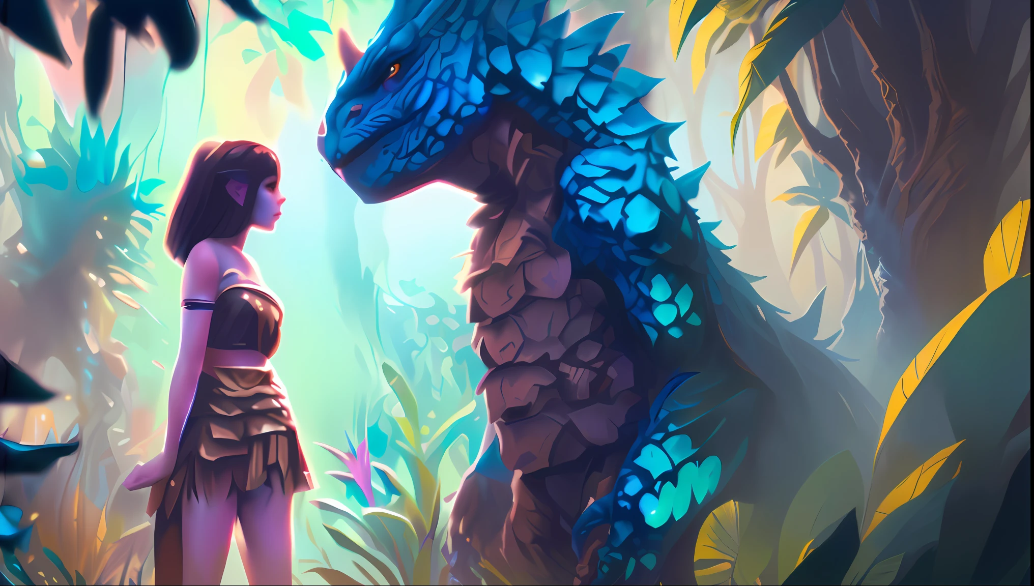 there is a woman standing next to a dragon in a jungle, detailed digital 2d fantasy art, 4 k detail fantasy, anthro dragon art, epic fantasty card game art, blue scales covering her chest, epic fantasy digital art style, detailed painting 4 k, collectible card art, fantasy art behance, digital 2d fantasy art, 4k detailed digital art