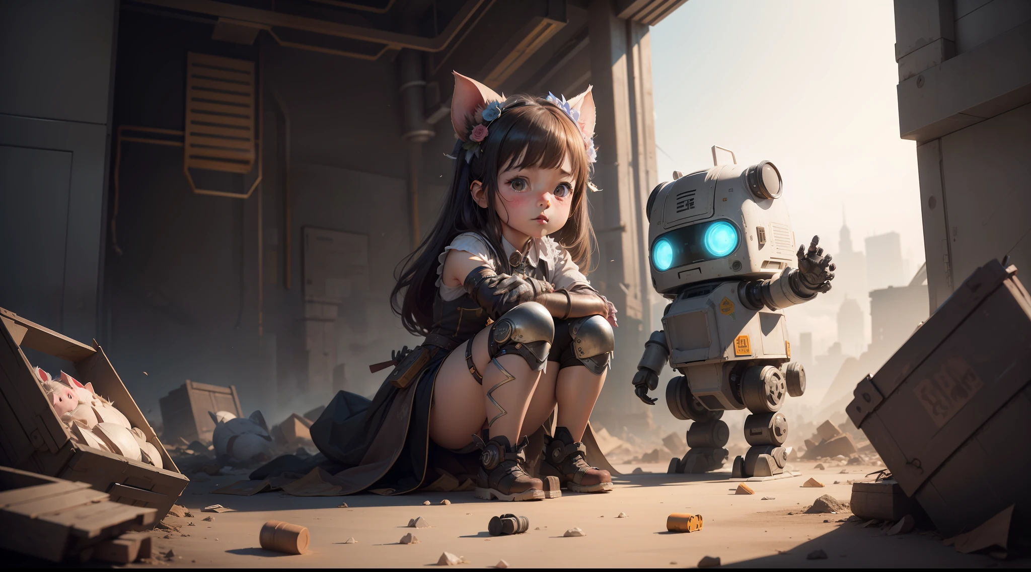 /imagine prompt: illustration of A beautiful with long pig ears is picking up garbage in the garbage dump ,A beautiful little girlpig ears::15, The garbage dump is filled with garbage::15, Stacked with robot limbs and broken arms::13, Picking up garbage::10, rule of thirds composition::5, Bottom view::10, Unreal Engine::10, beautiful lighting::10, Dramatic light::8, Cinematic light::12, Fantasy::12, hyper quality::5, Futuristic laboratory::10, Steampunk::13, cinematic::6 --seed 33434521 --s 400 --q 2 --c 40