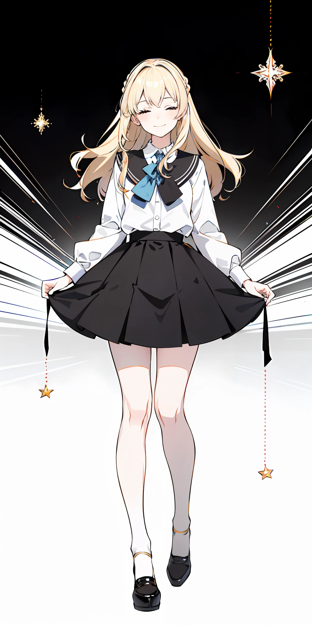 Color, (Masterpiece: 1.4), (Best Image Quality: 1.4), 8K, HD, Ultra HD, 1 Girl, (Small: 1.4), Long Blonde Hair,Small White Clothes, Short Black Skirt, White Socks, Desk, Reading, Holding a Pen, Curly, Blushing, (Smiling Happily), (Covering Hands, Covering Eyes)), Classroom, Blackboard, Wind, Skirt, Flipping Skirt,