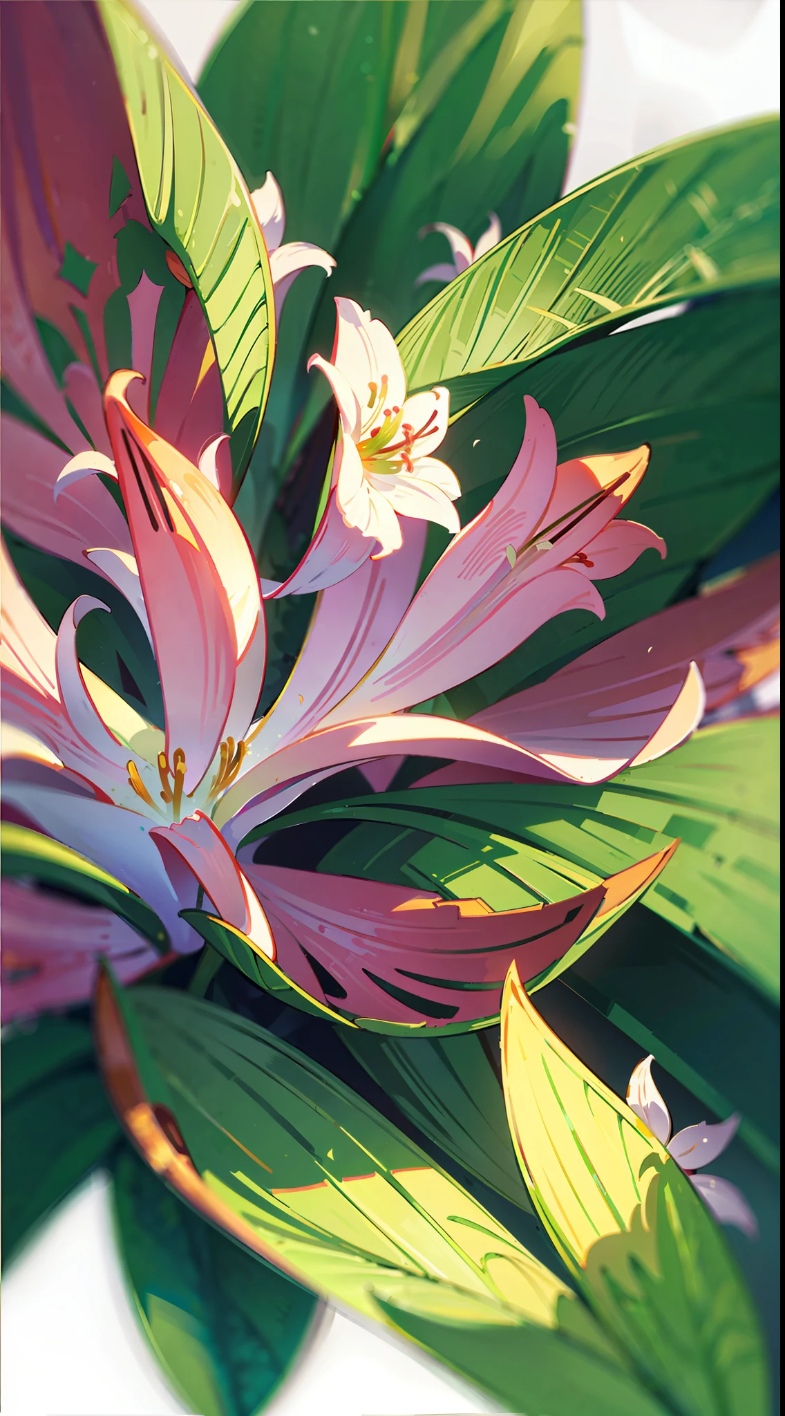 Close-up of lilies, high-precision picture quality, beautiful white background showing a lily picture. White lilies bloom towards us in pictures, capturing every corner of the human eye. The details of the petals are delicate and gorgeous, the exotic ears take on a sense of mystery, and the glowing details make the flowers look even more delicate. Improve the details of the stem and flower of the cosmic lily to make the picture more perfect.