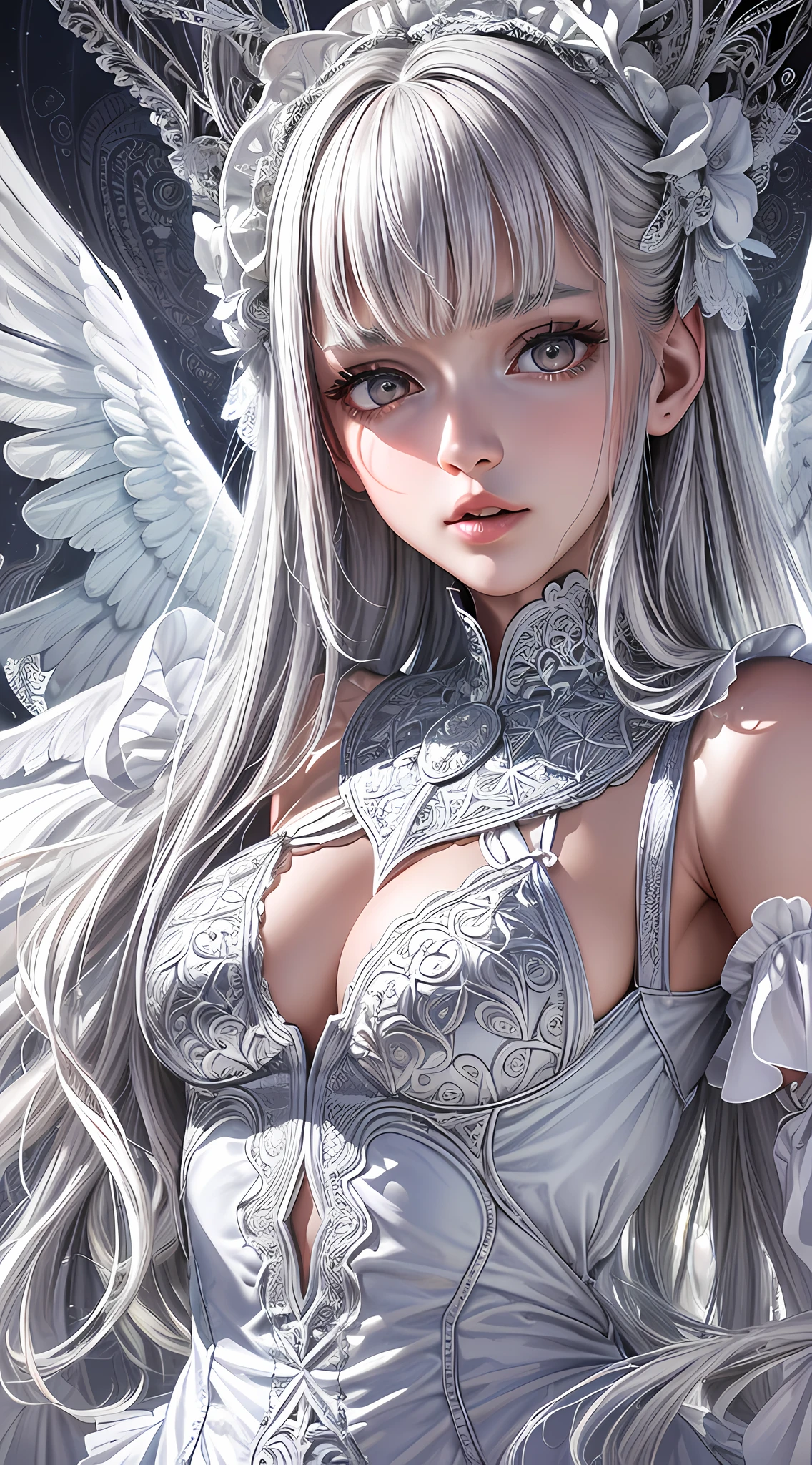 1girl, slender, masterpiece, best quality, absurdres, silver hair, white angel wings, (white lace frills dress, geometric arabesque patterns, abstract zentangle background:1.4), wide angle, dynamic lighting, dramatic lighting, photorealistic, highres, detailed face and eyes, sharp pupils, realistic pupils, cyan edge lines, bloom, glow, sharp focus, (highest detailed, extreme detailed, ultra detailed, finely detail:1.5), --s2
