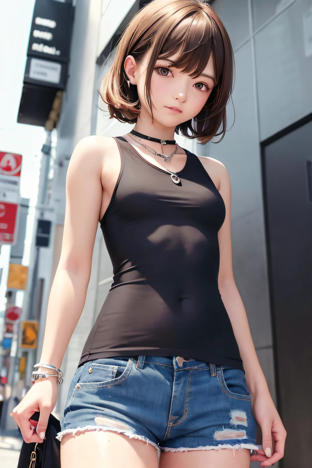 ((medium breast, tomboy girls, small head)), (chiseled abs : 1.1), (perfect body : 1.1), (short wavy hair : 1.2) , auburn hair, collar, chain, full body shot, crowded street, wearing black tanktop, jeans jacket, ((shorts)), (extremely detailed CG 8k wallpaper), (an extremely delicate and beautiful), (masterpiece), (best quality:1.0), (ultra highres:1.0)