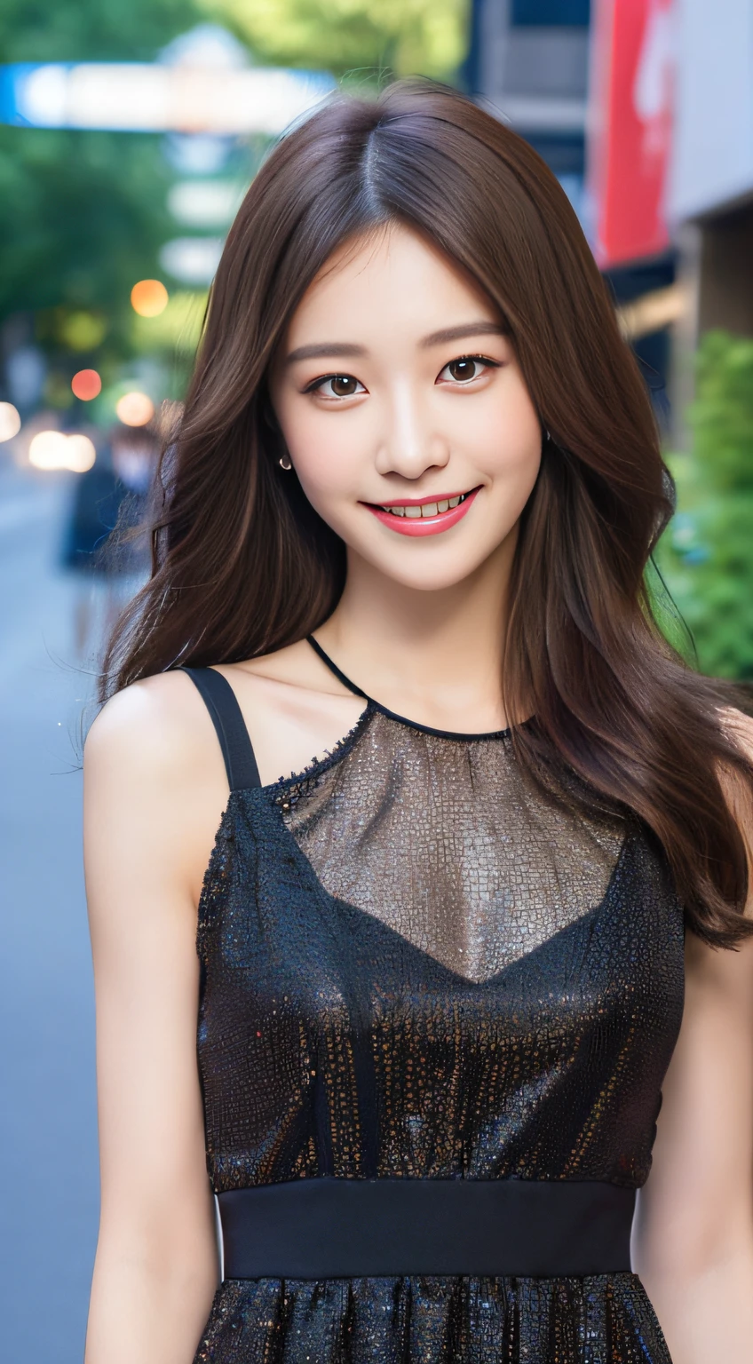 ((Best quality, 8k, Masterpiece :1.3)), 1girl, smiling, full body, slim face, Pretty woman, (Dark brown hair), full length dress :1.1, Ultra-detailed face, Detailed eyes, Double eyelid, blur background, slim face, city, outside, street,