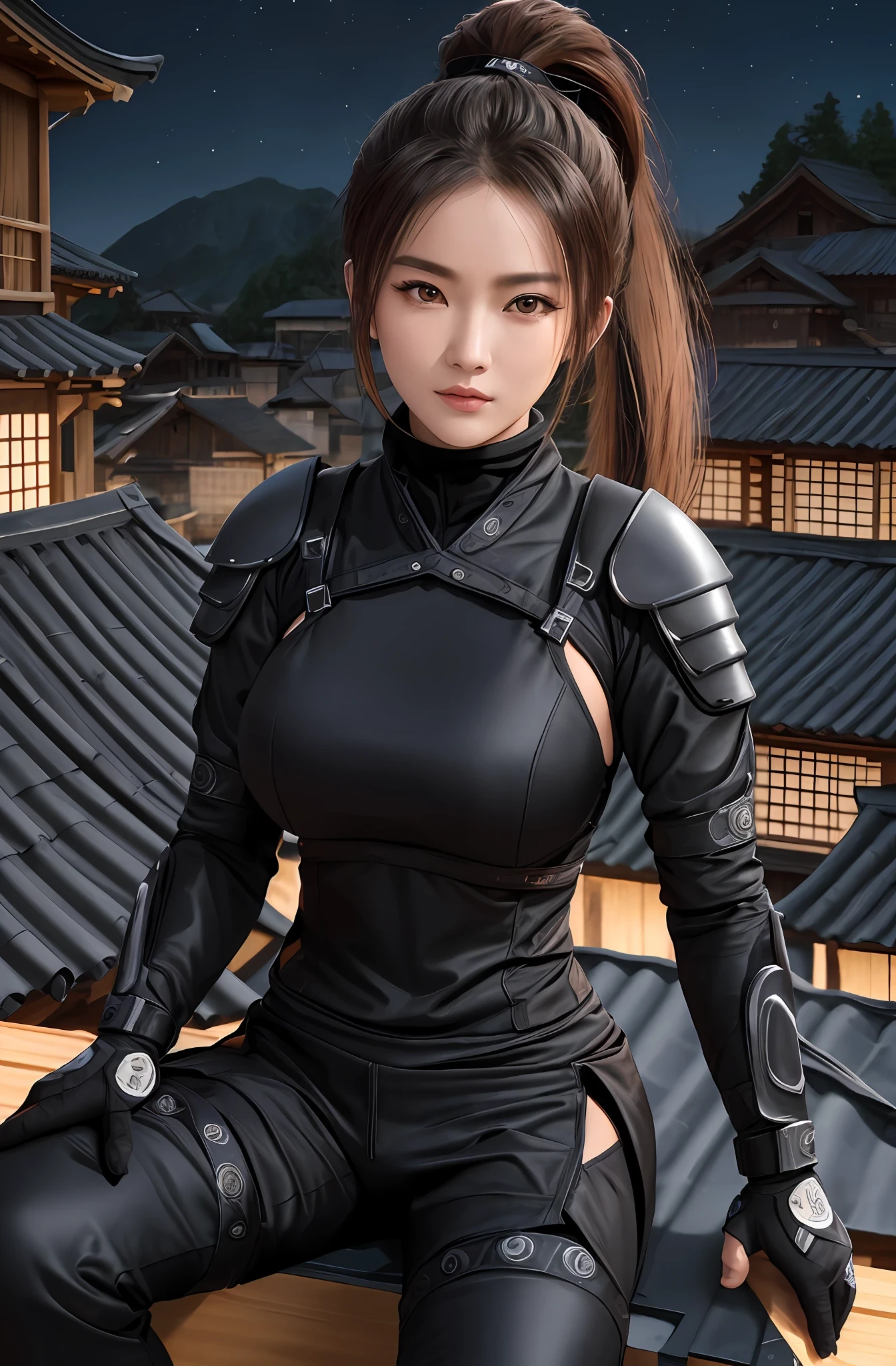 (16k, masterpiece, best quality), ultra-detailed, detailed beautiful round eyes, beautifully detailed face, high quality, high resolution, female ninja sitting on the roof, ninja suit, ninja, village background, nighttime, massive breast, perfect boobs, mature women, ponytail, low ISO, looking into the distance