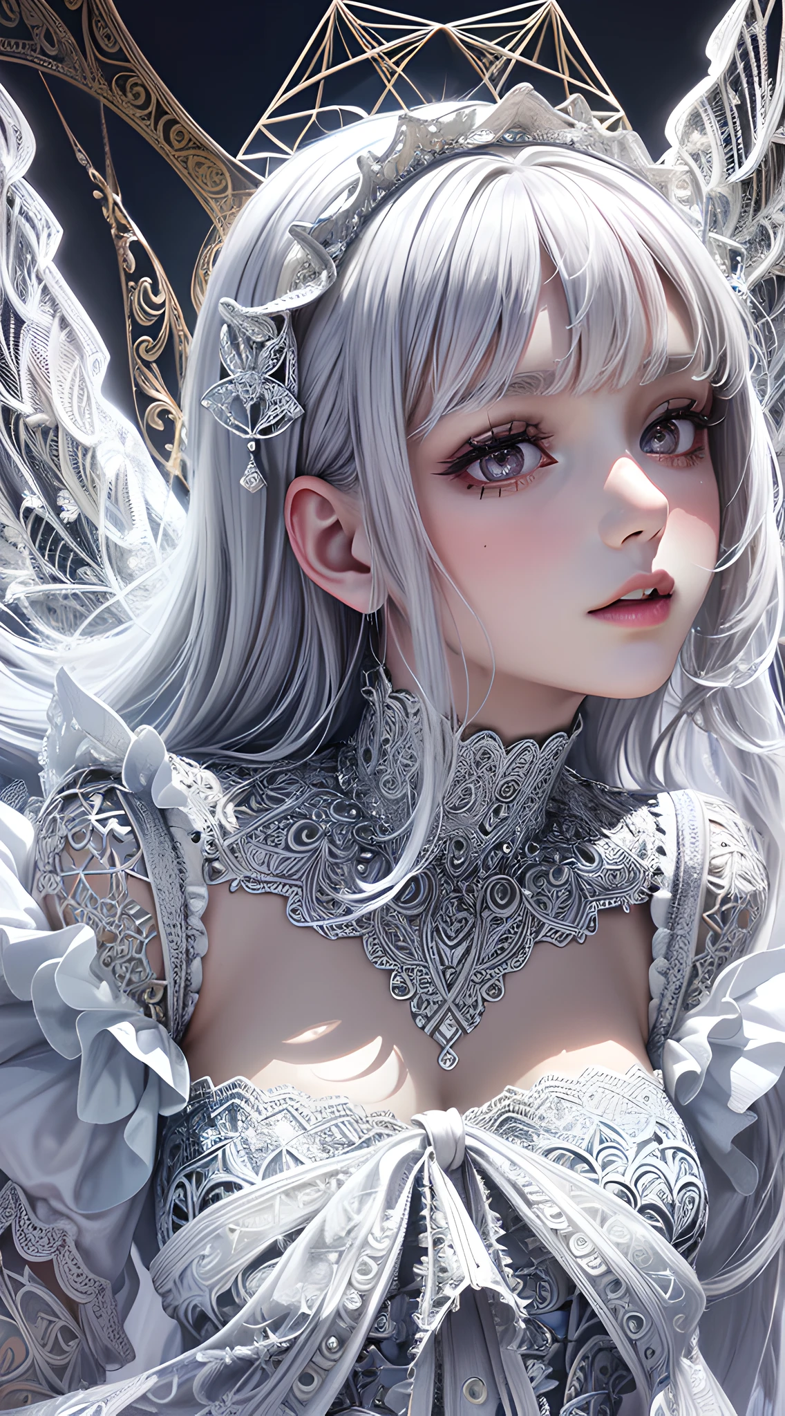 1girl, slender, masterpiece, best quality, absurdres, silver hair, white angel wings, (white lace frills dress, geometric arabesque patterns, abstract zentangle background:1.4), bloom, glow, wide angle, dynamic lighting, dramatic lighting, photorealistic, highres, detailed face and eyes, sharp pupils, realistic pupils, sharp focus, (highest detailed, extreme detailed, ultra detailed, finely detail:1.5), --s2