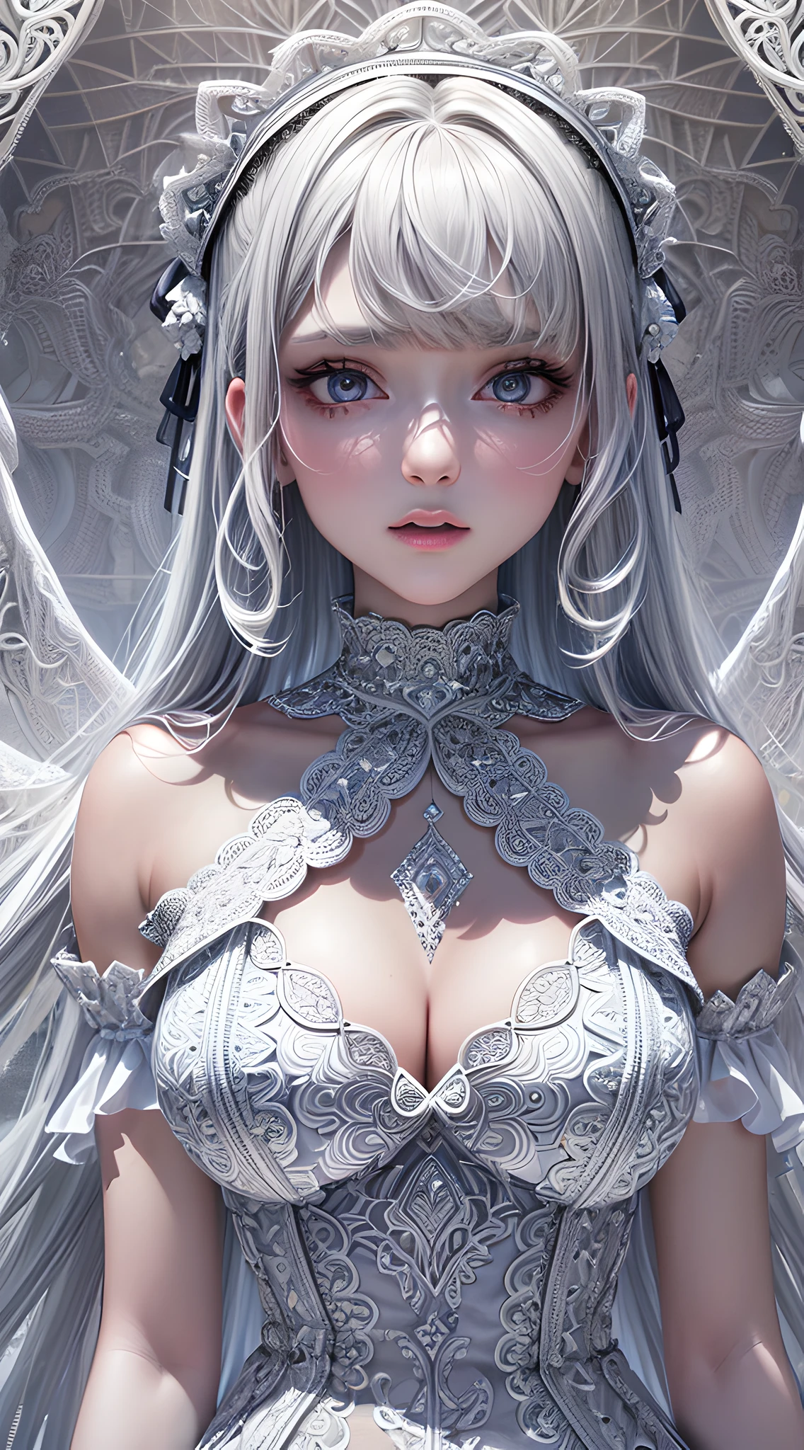 1girl, slender, masterpiece, best quality, absurdres, silver hair, white angel wings, (white lace frills dress, geometric arabesque patterns, abstract zentangle background:1.4), wide angle, dynamic lighting, dramatic lighting, photorealistic, highres, detailed face and eyes, sharp pupils, realistic pupils, cyan edge lines, bloom, glow, sharp focus, (highest detailed, extreme detailed, ultra detailed, finely detail:1.5), --s2
