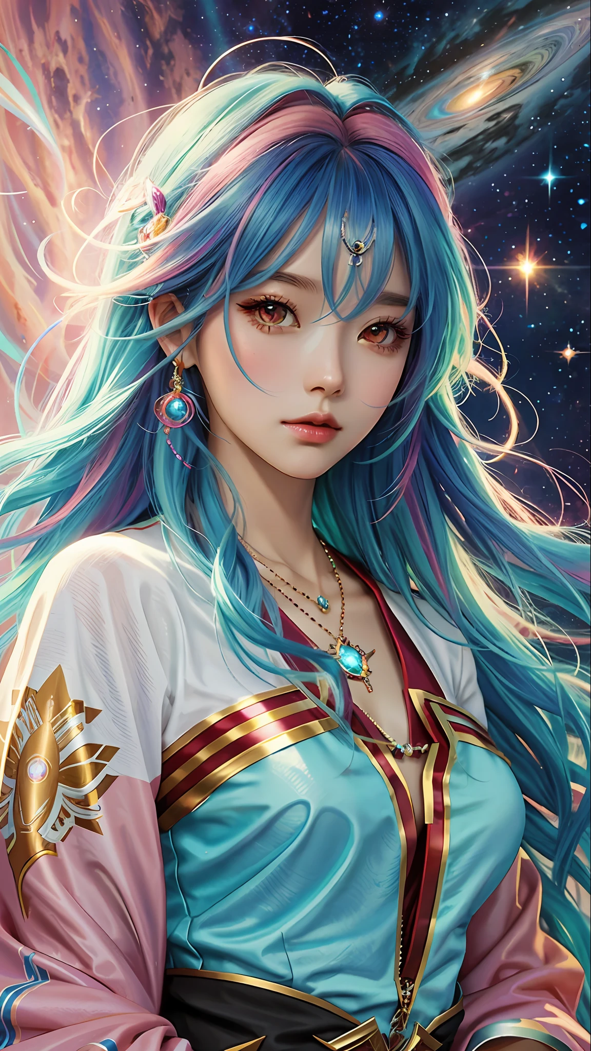 Close-up of a woman with colorful hair and necklace, anime girl with cosmic hair, soft vitality of Rossdraws, artwork in Guvez style, fantasy art style, colorful]", vibrant fantasy style, Rossdraws cartoon full of vitality, cosmic and colorful, Guweiz, colorful digital fantasy art, stunning art style, beautiful anime style, white skin, wearing Iron Man clothes