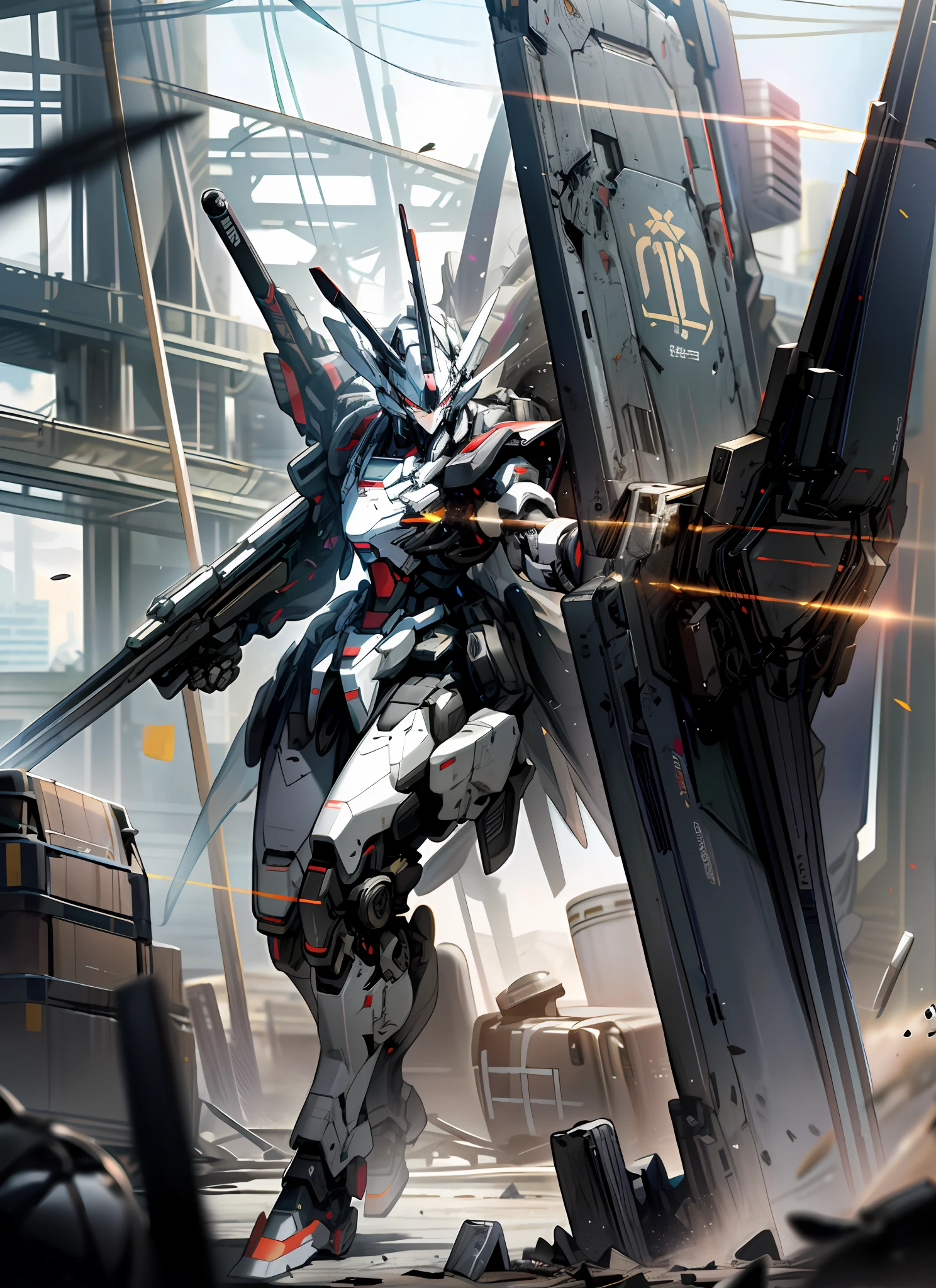 Surrealism, ray tracing, UHD, high details, 8k, best quality, textured skin, black Gundam mech, masterpiece, best quality, black mech, unmanned, (full body), (black mech: 1.5), (axisymmetry: 1.4), (HDR), (movie light: 1.1), black eyes, cool, science fiction, fire, laser cannon beam, war, conflict, The destroyed city background is armed with a weapon, (holding a huge weapon: 1.5), holding an oversized shield