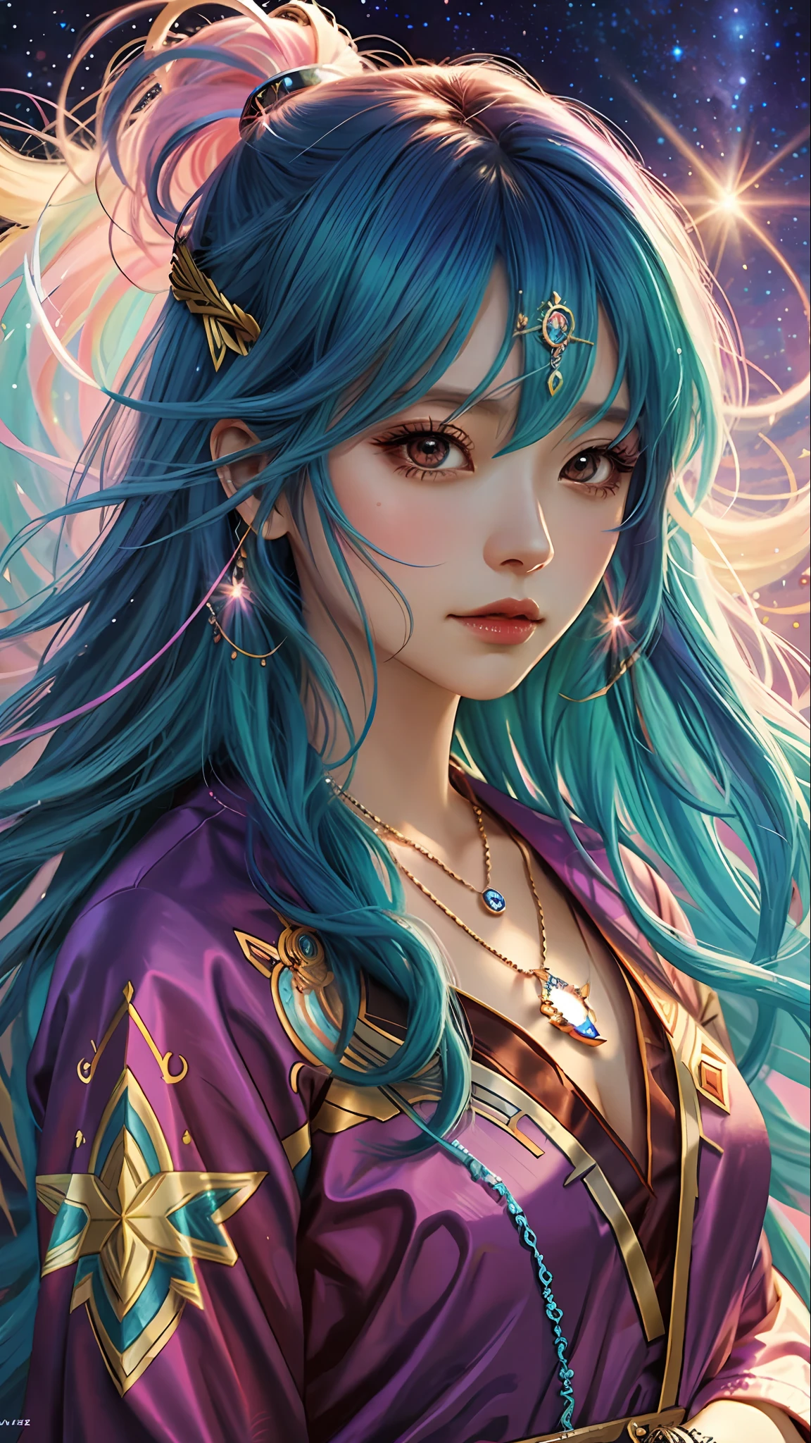 Close-up of a woman with colorful hair and necklace, anime girl with cosmic hair, soft vitality of Rossdraws, artwork in Guvez style, fantasy art style, colorful]", vibrant fantasy style, Rossdraws cartoon full of vitality, cosmic and colorful, Guweiz, colorful digital fantasy art, stunning art style, beautiful anime style, white skin, wearing Iron Man clothes
