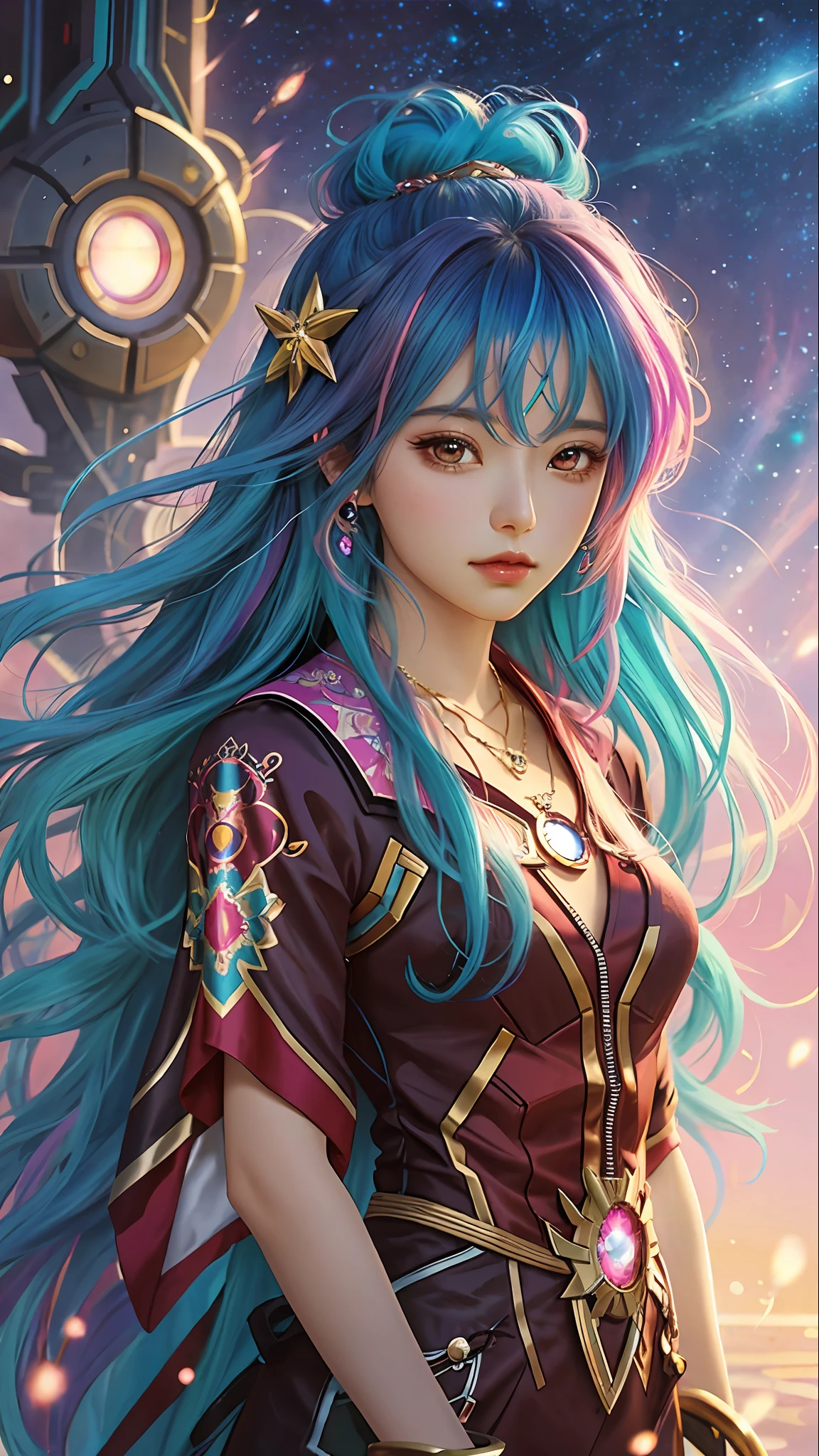 Close-up of a woman with colorful hair and necklace, anime girl with cosmic hair, soft vitality of Rossdraws, artwork in Guvez style, fantasy art style, colorful]", vibrant fantasy style, Rossdraws cartoon full of vitality, cosmic and colorful, Guweiz, colorful digital fantasy art, stunning art style, beautiful anime style, white skin, wearing Iron Man clothes