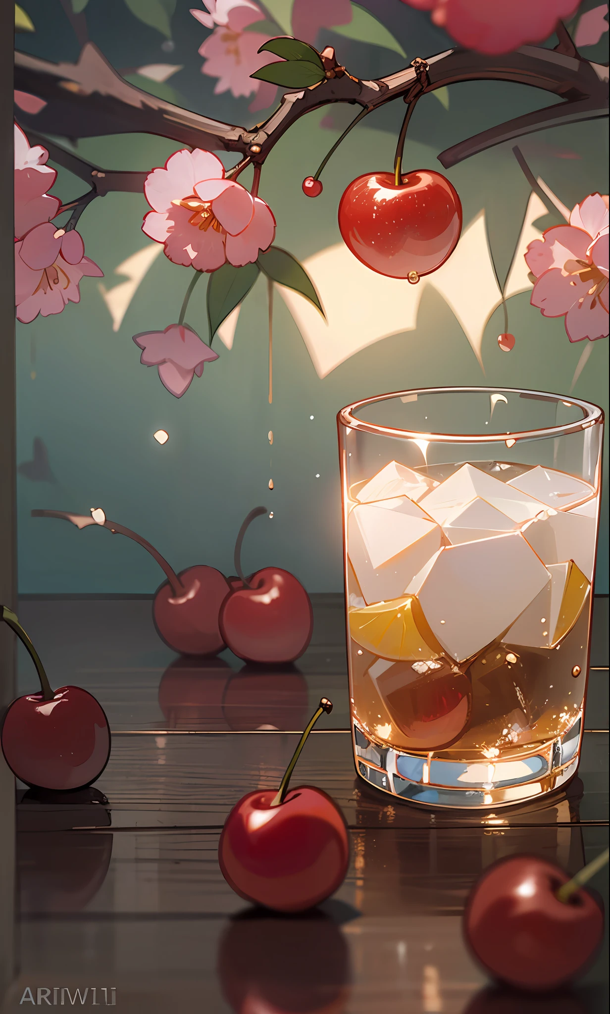 Wallpapers, poster, fruit, several fresh cherries, moist, Ice Cubes, litchi, Hot Weather, HD Detail, Moist Watermark, Ultra Detail, Movie, Hyper Realism, Soft Light, Deep Focus Bokeh, Ray Tracing, --niji 5