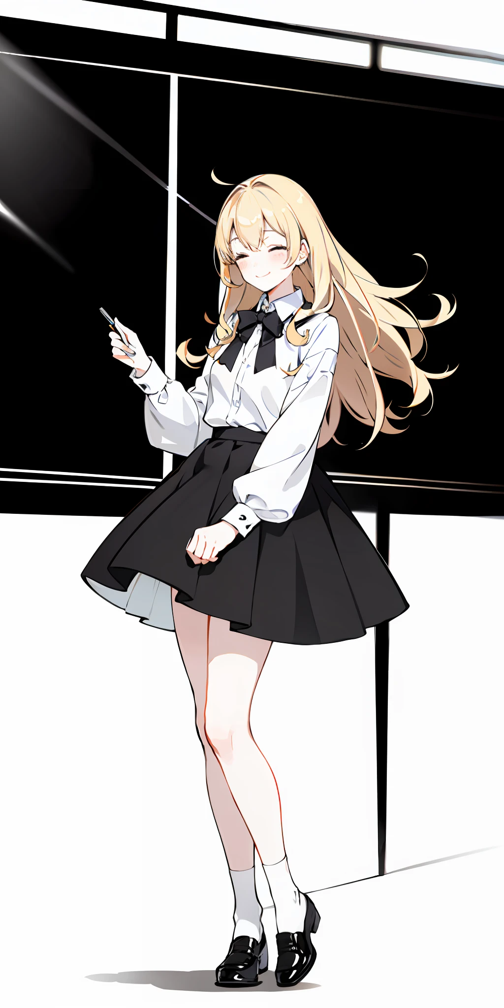 Color, (Masterpiece: 1.4), (Best Image Quality: 1.4), 8K, HD, Ultra HD, 1 Girl, (Small: 1.4), Long Blonde Hair,Small White Clothes, Short Black Skirt, White Socks, Desk, Reading, Holding a Pen, Curly, Blushing, (Smiling Happily), (Covering Hands, Covering Eyes)), Classroom, Blackboard, Wind, Skirt, Flipping Skirt,