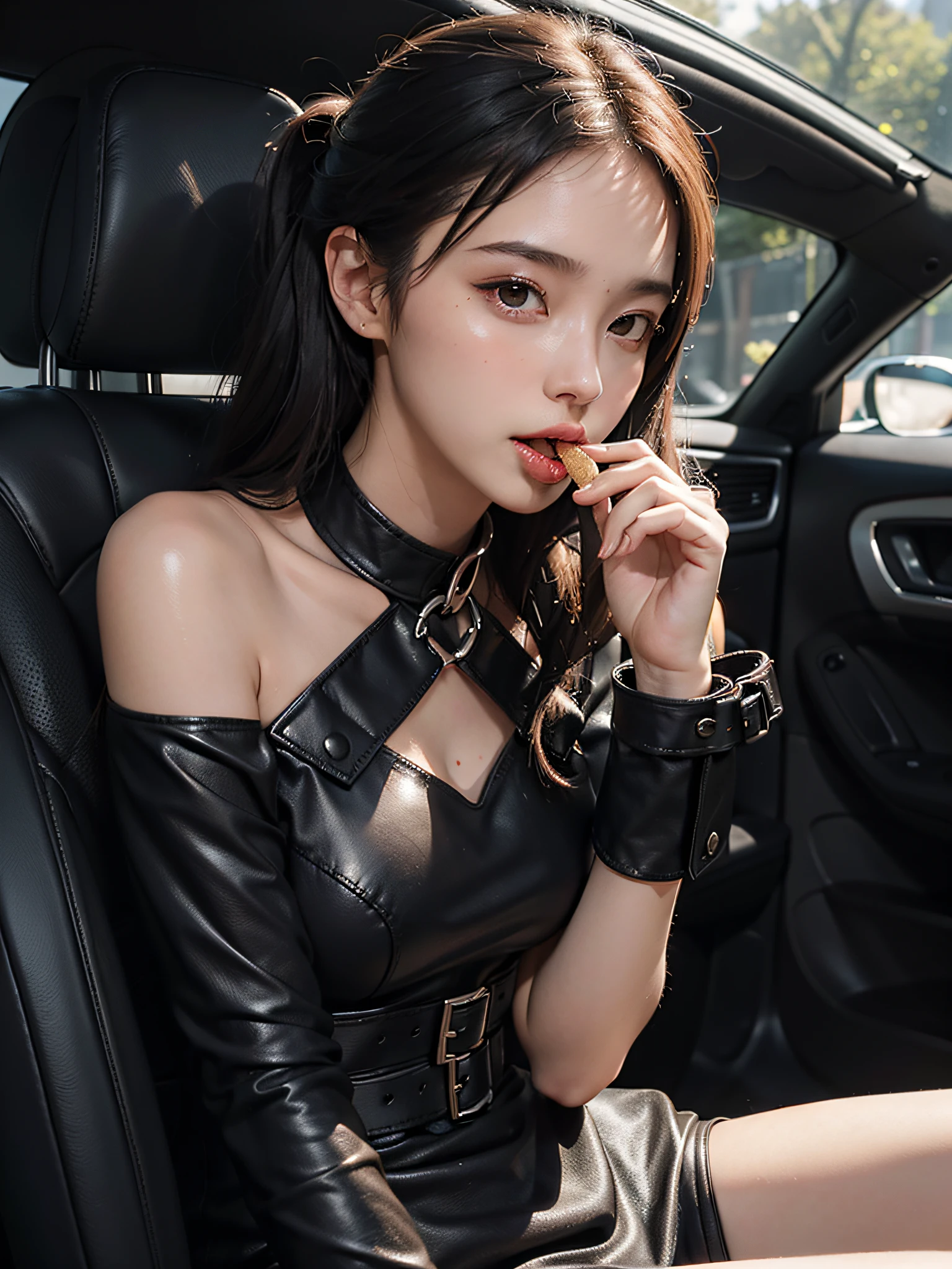 1 girl, off-the-shoulder, light smile, shiny skin
Best Quality, Masterpiece, (Photorealistic: 1.4) Shackles, BDSM, Slave, Rubber, Black Corset, Bondage, Collar, NSFW, ((Best Quality, 8K, Masterpiece: 1.3)), Open Mouth Wide, Spill Milk Out of Mouth, Crisp Focus: 1.2, Beautiful Woman with Perfect Figure: 1.4, Big, Slender Abs: 1.2, Wet Body: 1.5, Very detailed face and skin texture, detailed eyes, double eyelids, in the car, (((licking fingers))),