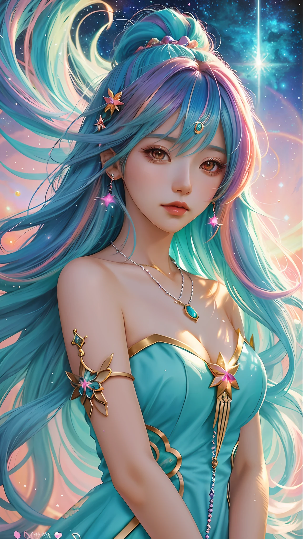 Close-up of a woman with colorful hair and necklace, anime girl with cosmic hair, soft vitality of Rossdraws, artwork in Guvez style, fantasy art style, colorful]", vibrant fantasy style, Rossdraws cartoon full of vitality, universe and colorful, Guweiz, colorful digital fantasy art, stunning art style, beautiful anime style, white skin, Hulk clothes