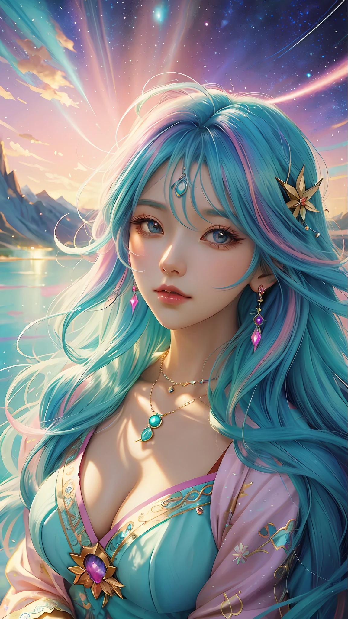 Close-up of a woman with colorful hair and necklace, anime girl with cosmic hair, soft vitality of Rossdraws, artwork in Guvez style, fantasy art style, colorful]", vibrant fantasy style, Rossdraws cartoon full of vitality, universe and colorful, Guweiz, colorful digital fantasy art, stunning art style, beautiful anime style, white skin, Hulk clothes
