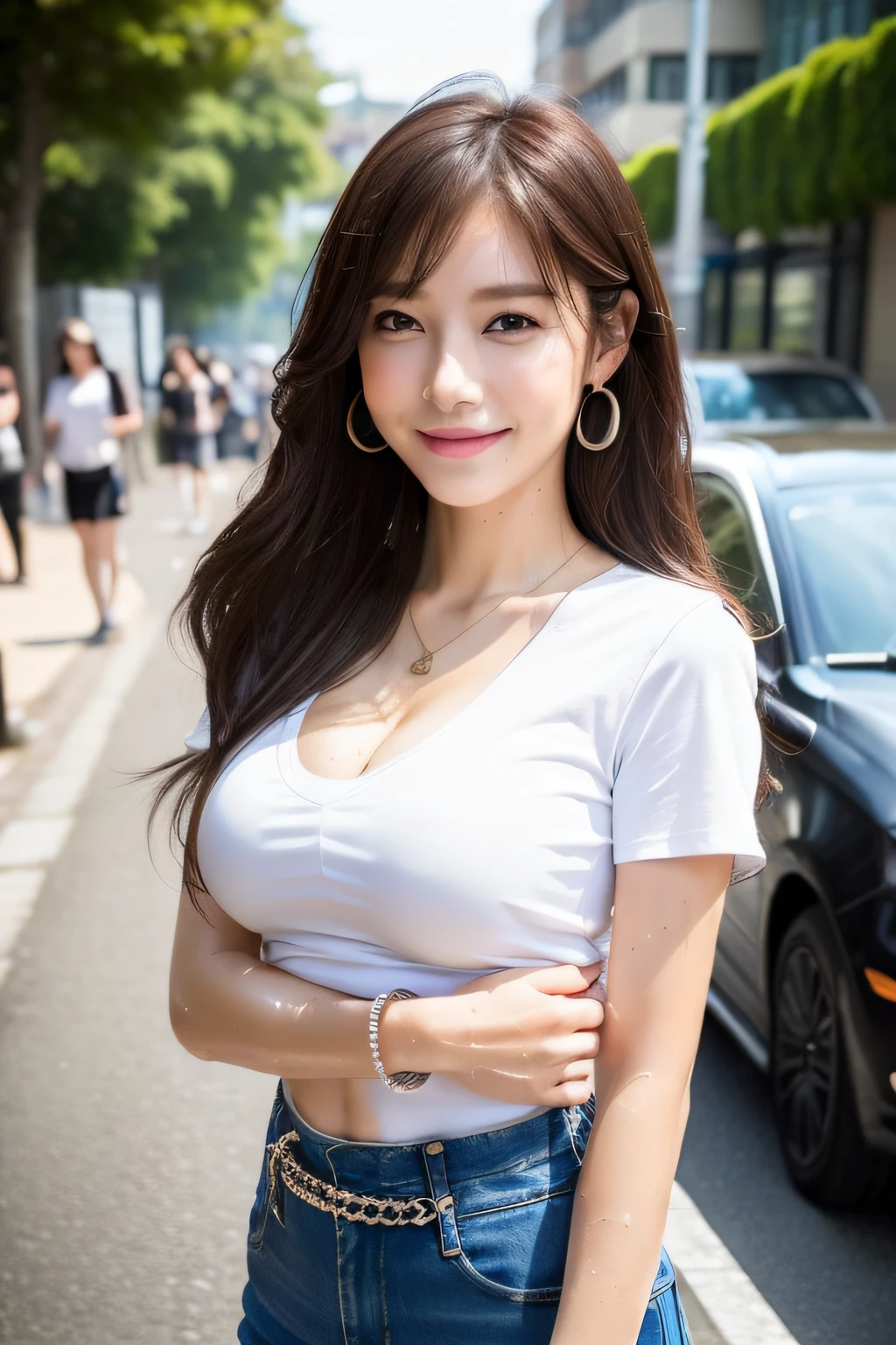 ((Top Quality, 8K, Masterpiece: 1.3)), Sharp Focus: 1.2, Perfect Style, One Beauty, Top Model: 1.2, Waist Constriction, Beautiful Legs, Taut Skin, ((Wet Skin: 1.4)), ((Sweaty: 1.2)), (Upper Body Shot: 1.2), (Reach Here), (Hug), Highly detailed face and skin texture, detailed eyes, double eyelids, pale cheeks Professional lighting, small necklace, small earrings, bracelet, (layered hairstyle), (((T-shirt: 1.4)), (wearing tight skirt),Studded leather jacket, skinny jeans, (G cup bust: 0.8), (natural breast, natural cleavage), (seaside street: 1.2), (shy smile: 1.1)