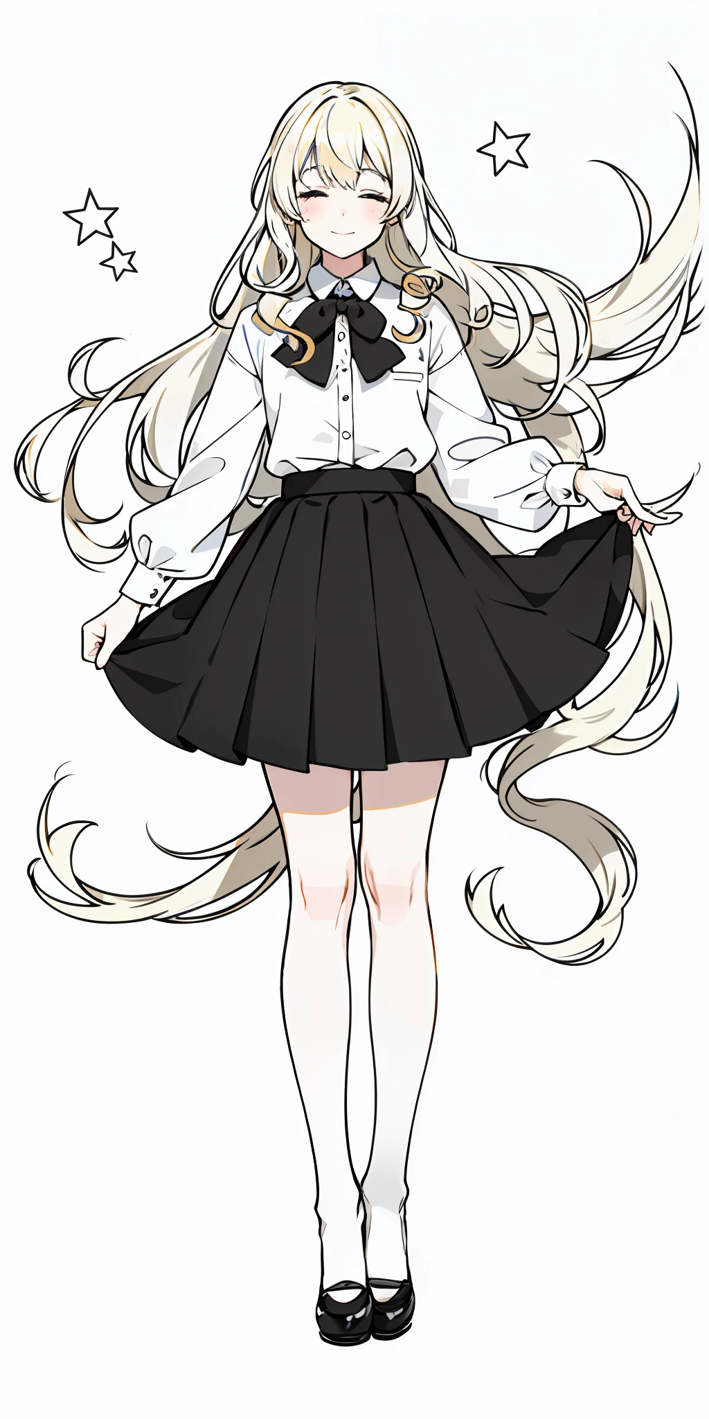Color, (Masterpiece: 1.4), (Best Image Quality: 1.4), 8K, HD, Ultra HD, 1 Girl, (Small: 1.4), Long Blonde Hair,Small White Clothes, Short Black Skirt, White Socks, Desk, Reading, Holding a Pen, Curly, Blushing, (Smiling Happily), (Covering Hands, Covering Eyes)), Classroom, Blackboard, Wind, Skirt, Flipping Skirt,