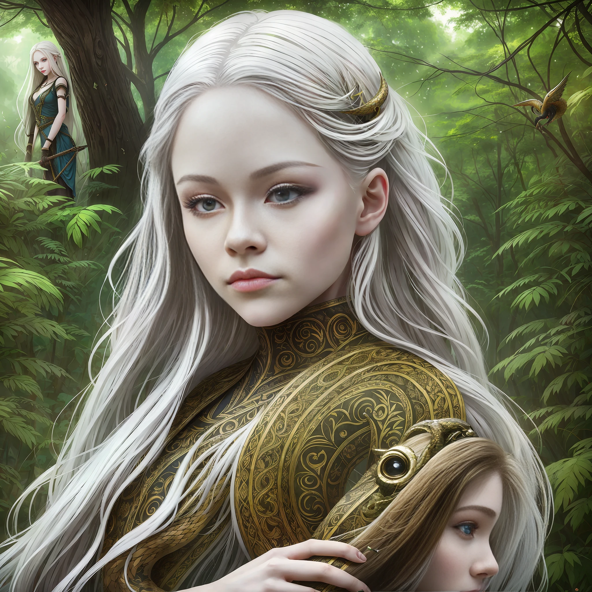 BEAUTIFULLY beautiful ALBINOS GIRL with long hair in the RAPUNCEL style on the backdrop of a LIVING EDEM GARDEN on a background of a tree and a serpent MURDERER Portrait, Artstation, Intricate, Fantasy, Detailed, 4k, Beautiful, Vibrant, Photograph, Photorealistic, Cinematic, 8k